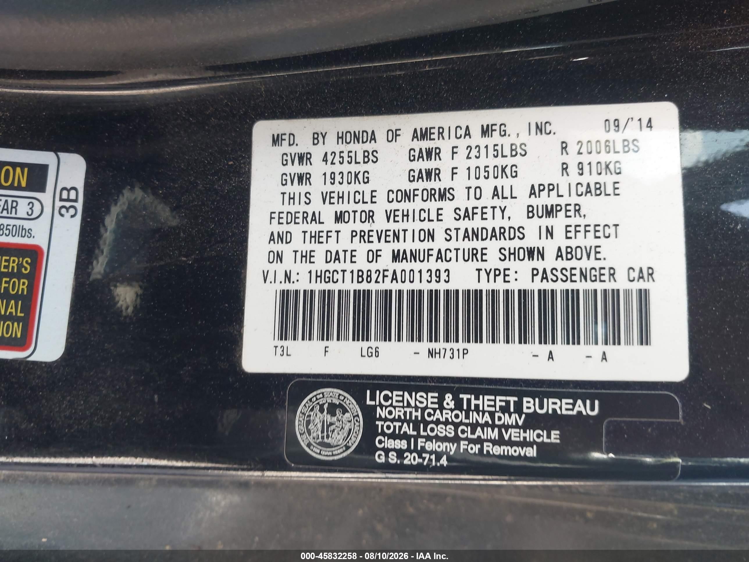 2015 Honda Accord Ex-l Черный vin: 1HGCT1B82FA001393