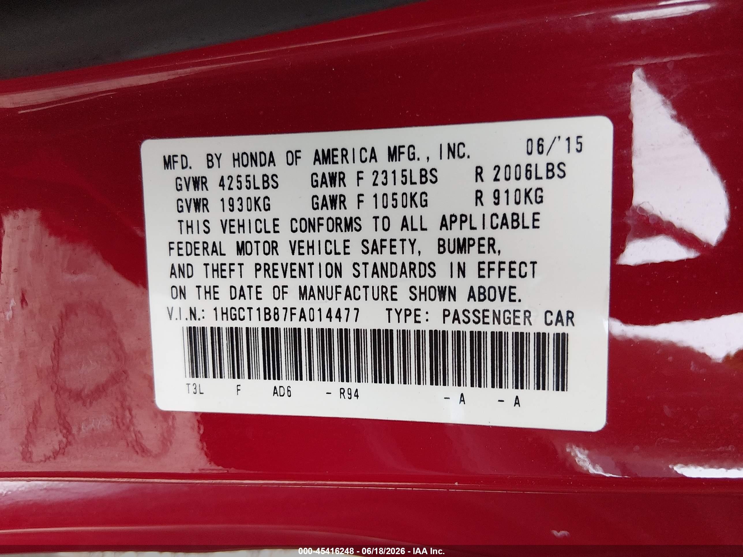 2015 Honda Accord Ex-l Red vin: 1HGCT1B87FA014477