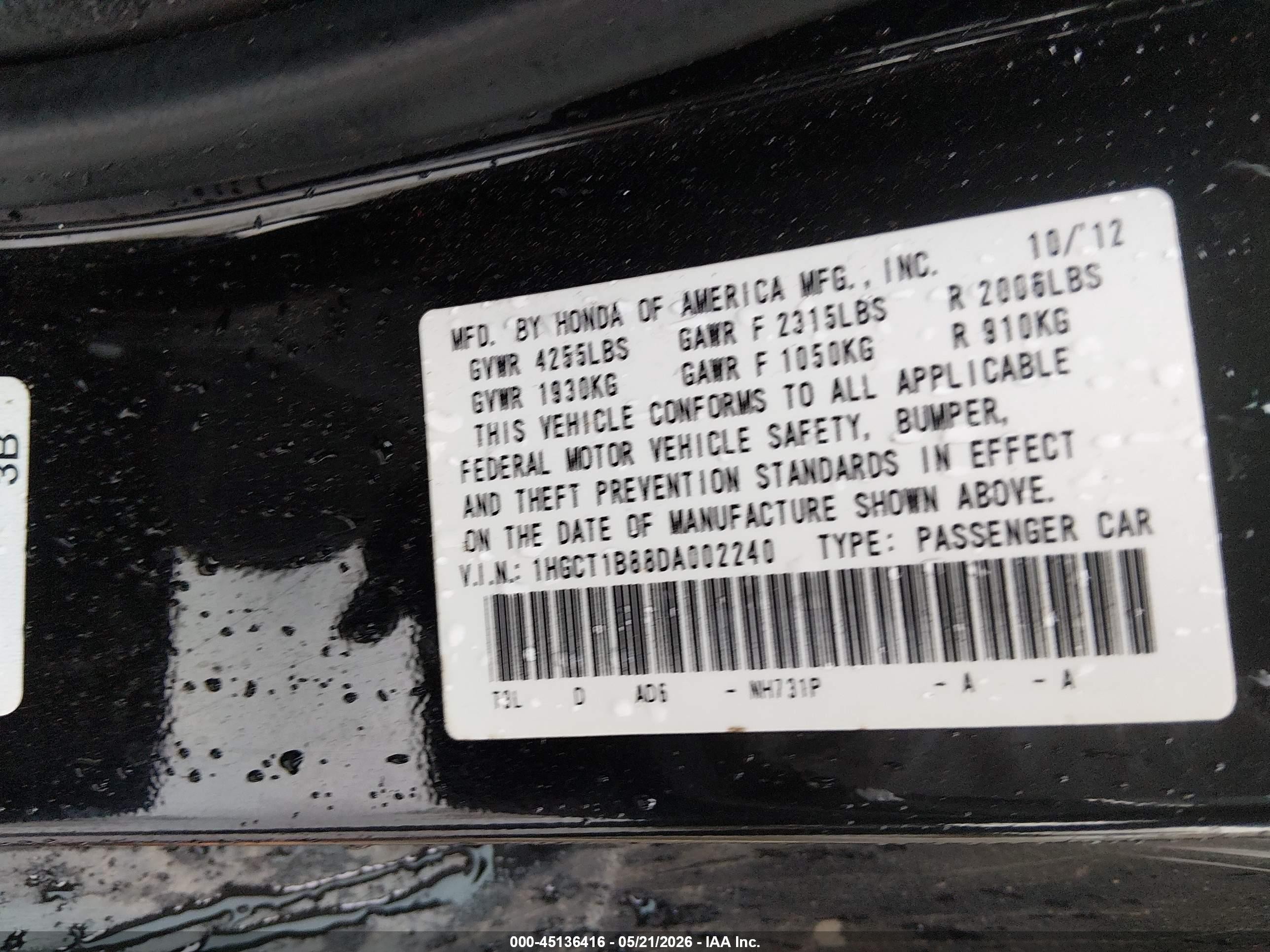 2013 Honda Accord Ex-l Black vin: 1HGCT1B88DA002240
