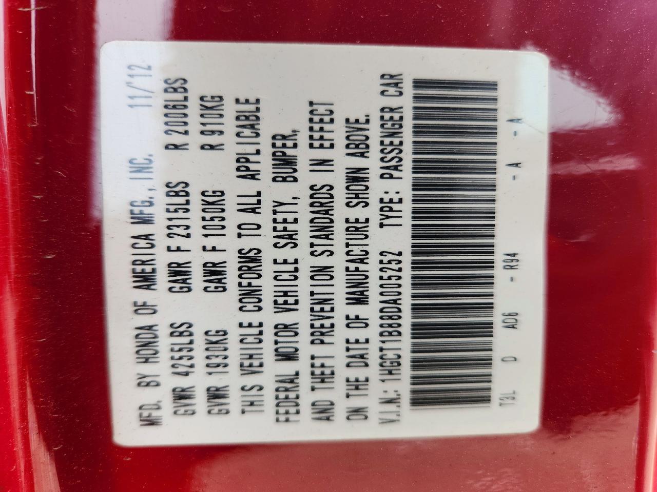 2013 Honda Accord Exl Red vin: 1HGCT1B88DA005252