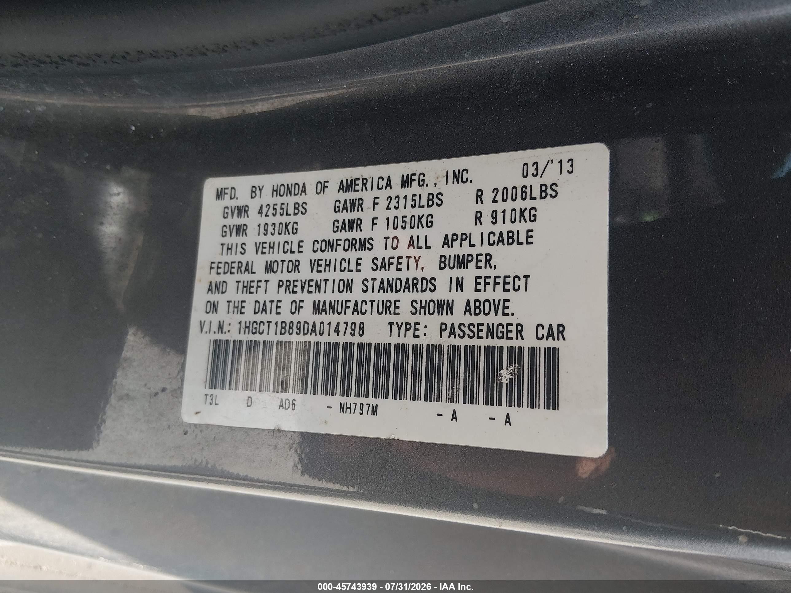 2013 Honda Accord Ex-l Gray vin: 1HGCT1B89DA014798