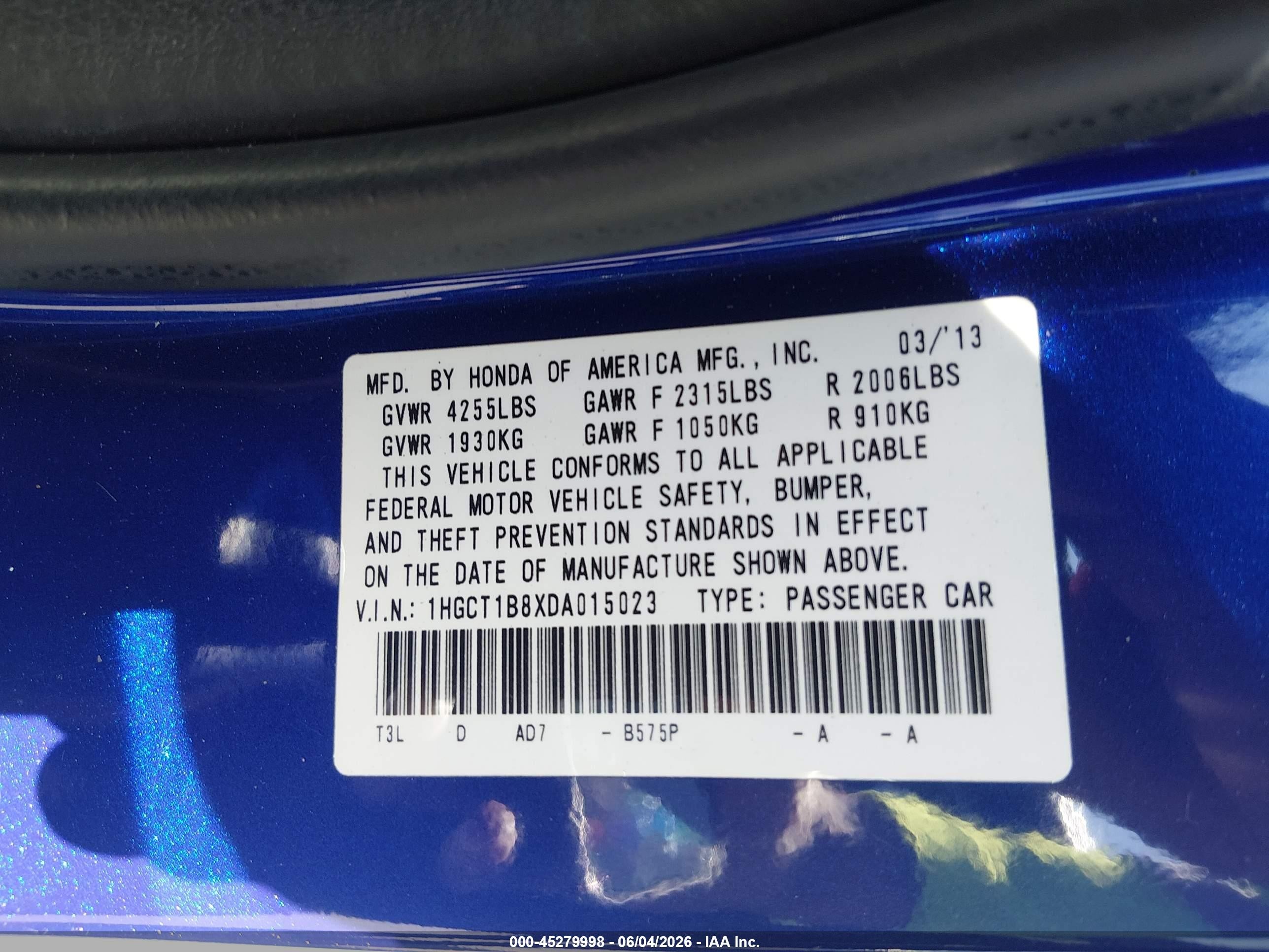 2013 Honda Accord Ex-l Blue vin: 1HGCT1B8XDA015023