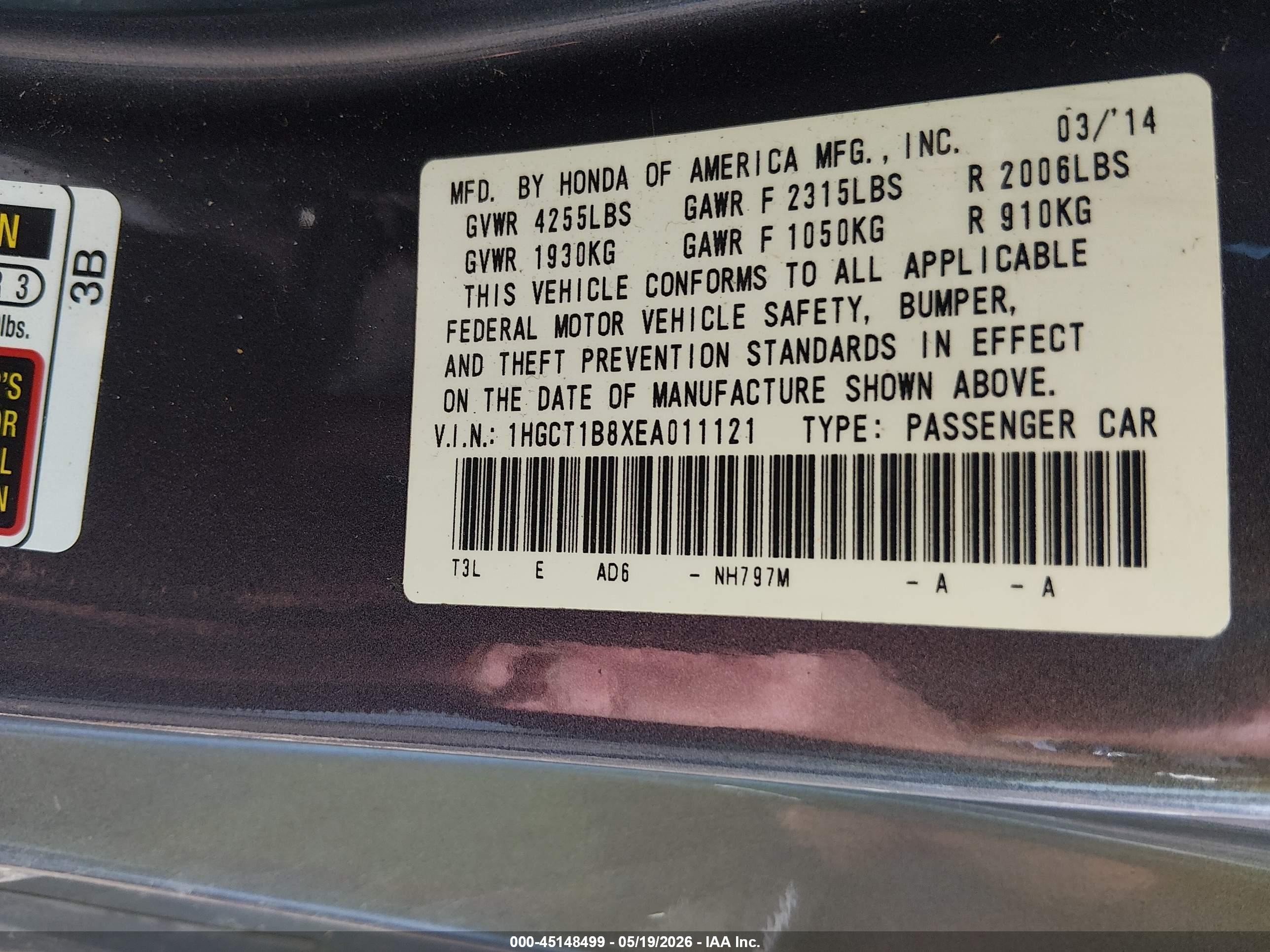 2014 Honda Accord Ex-l Gray vin: 1HGCT1B8XEA011121