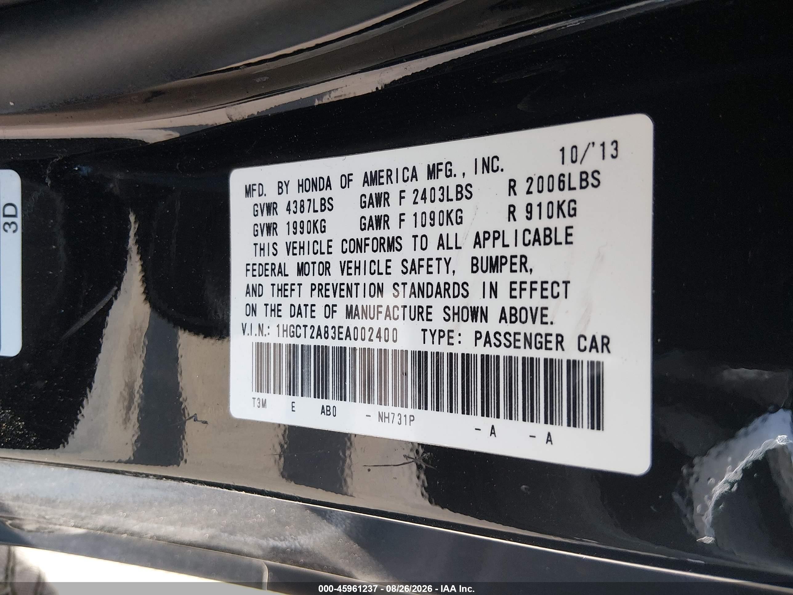 2014 Honda Accord Ex-l V-6 Black vin: 1HGCT2A83EA002400