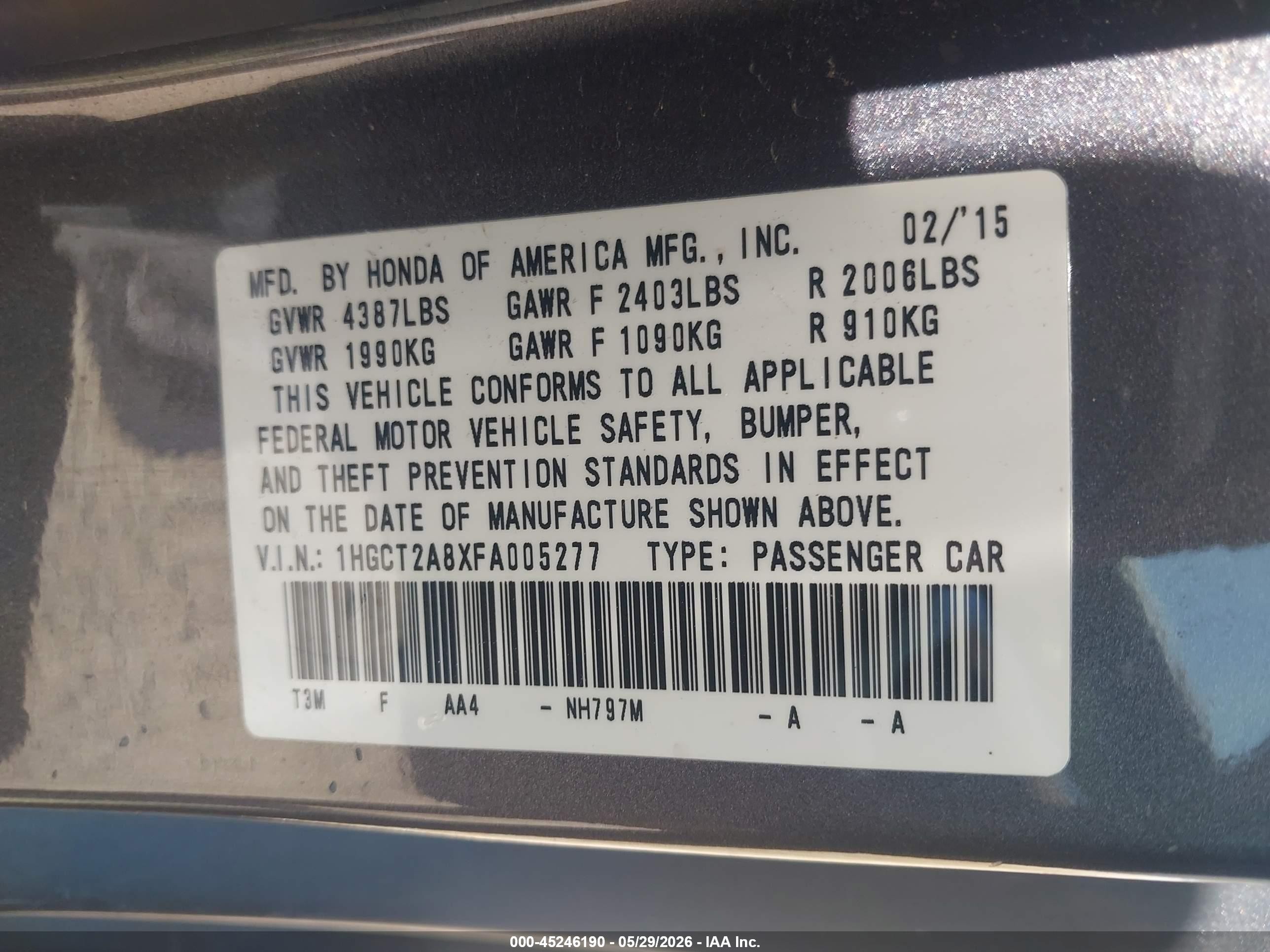 2015 Honda Accord Ex-l V-6 Gray vin: 1HGCT2A8XFA005277