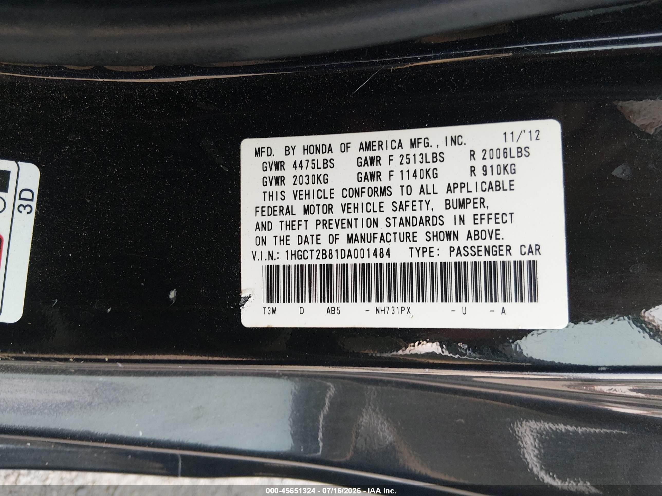 2013 Honda Accord Ex-l V-6 Black vin: 1HGCT2B81DA001484