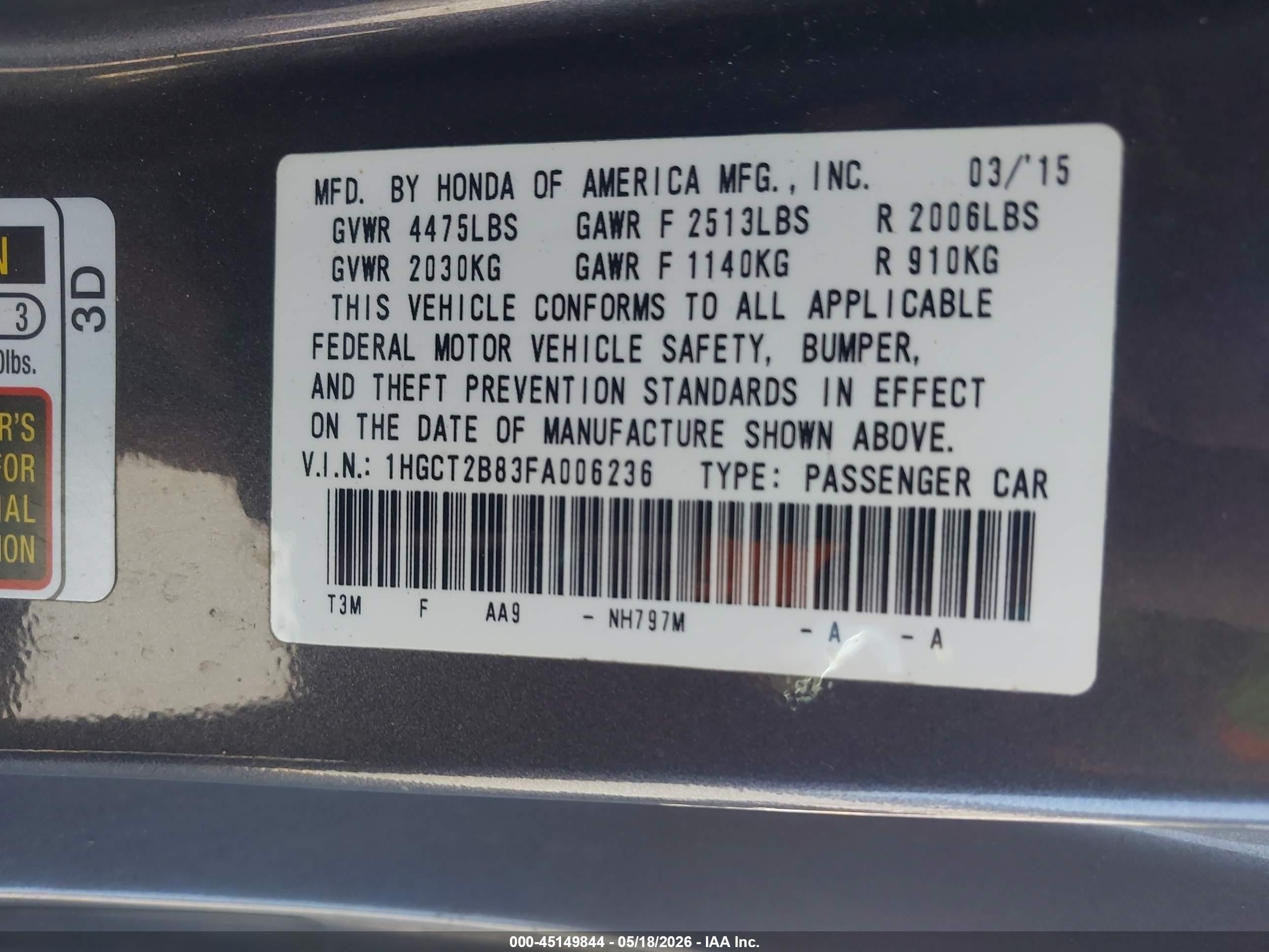 2015 Honda Accord Ex-l V-6 Gray vin: 1HGCT2B83FA006236