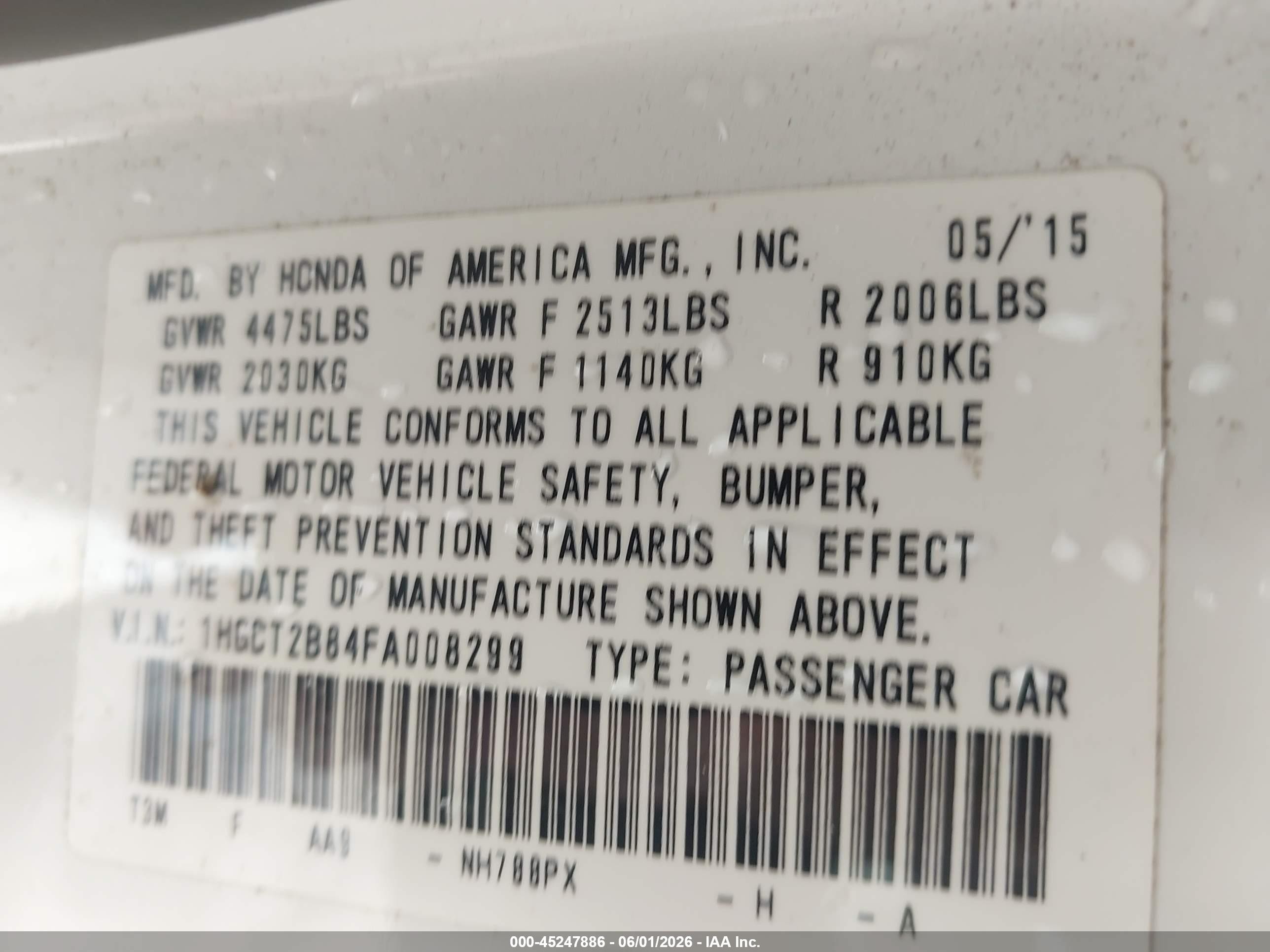 2015 Honda Accord Ex-l V-6 White vin: 1HGCT2B84FA008299