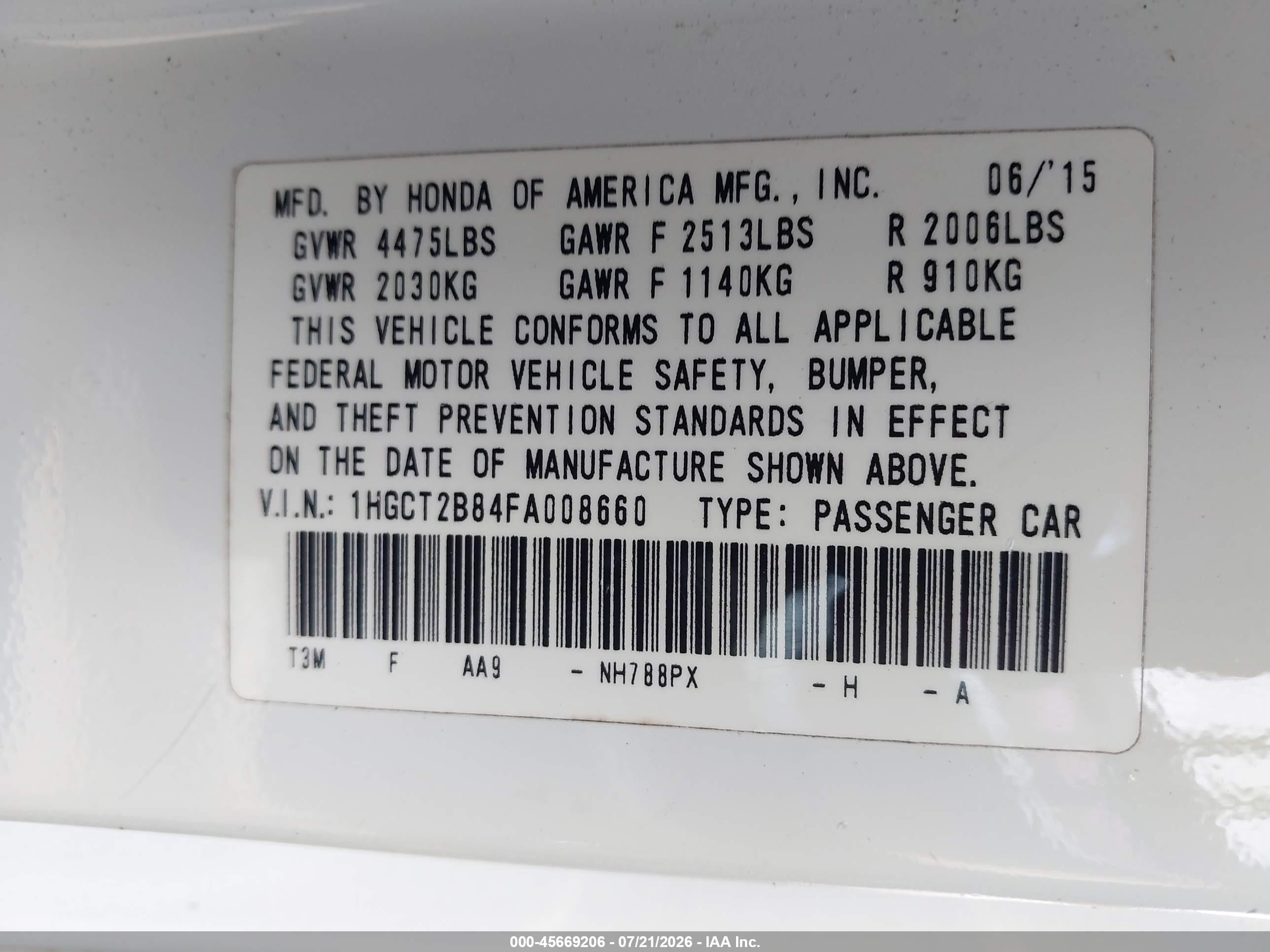 2015 Honda Accord Ex-l V-6 White vin: 1HGCT2B84FA008660