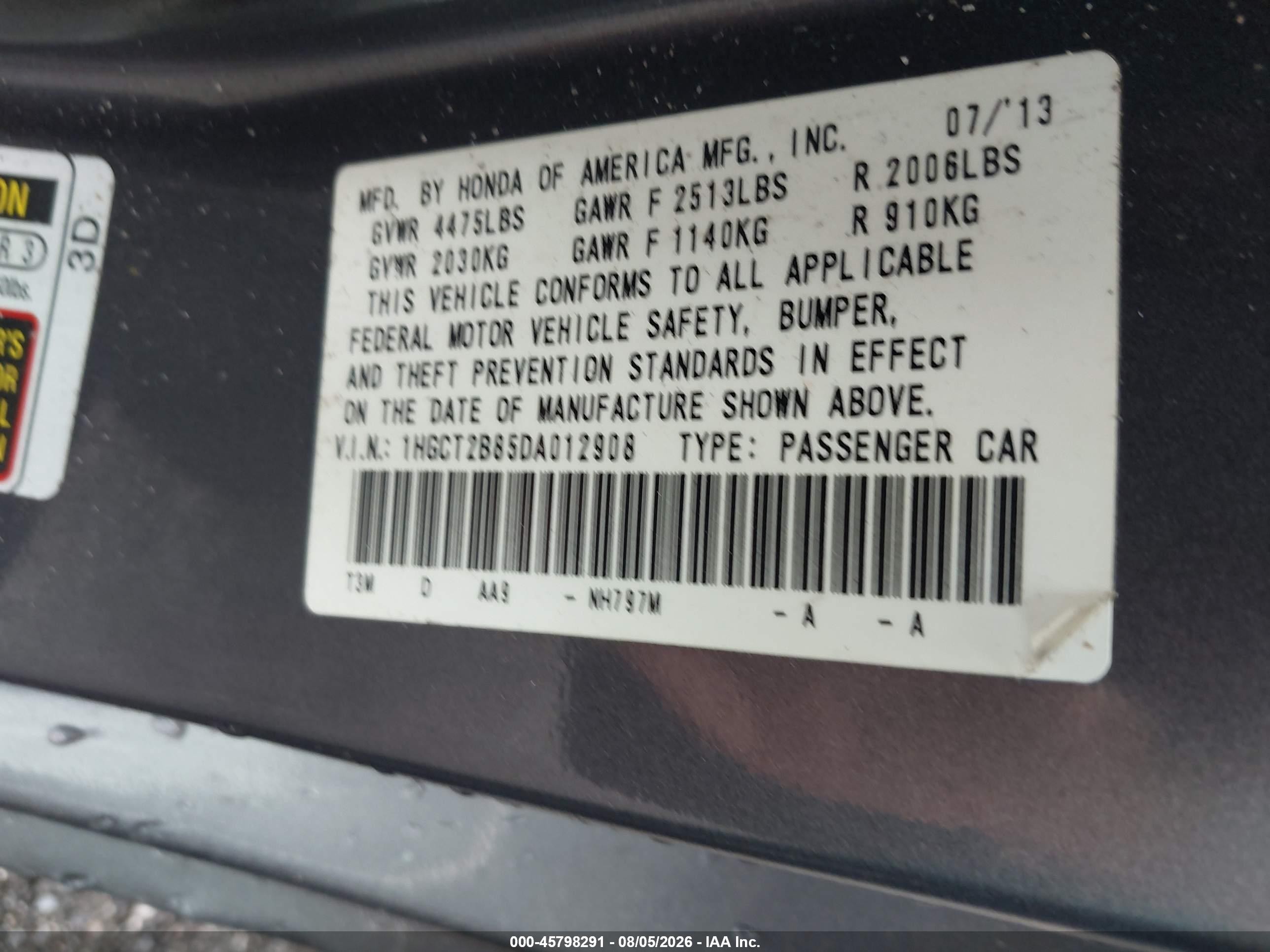 2013 Honda Accord Ex-l V-6 Gray vin: 1HGCT2B85DA012908