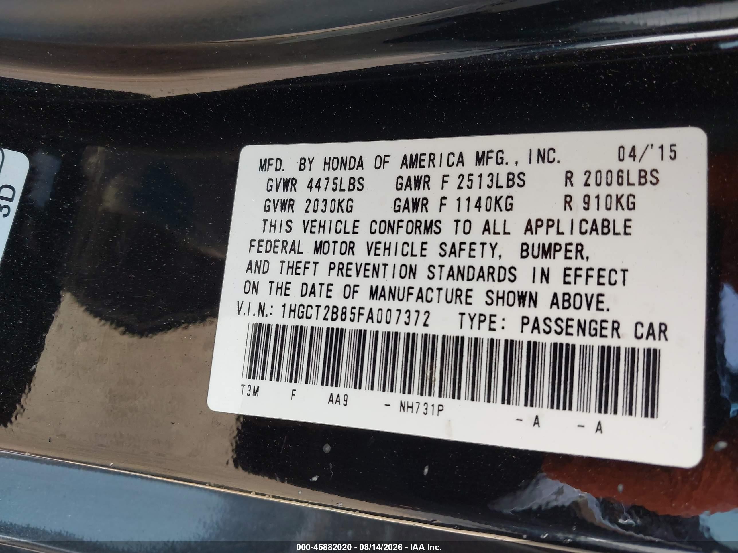 2015 Honda Accord Ex-l V-6 Черный vin: 1HGCT2B85FA007372