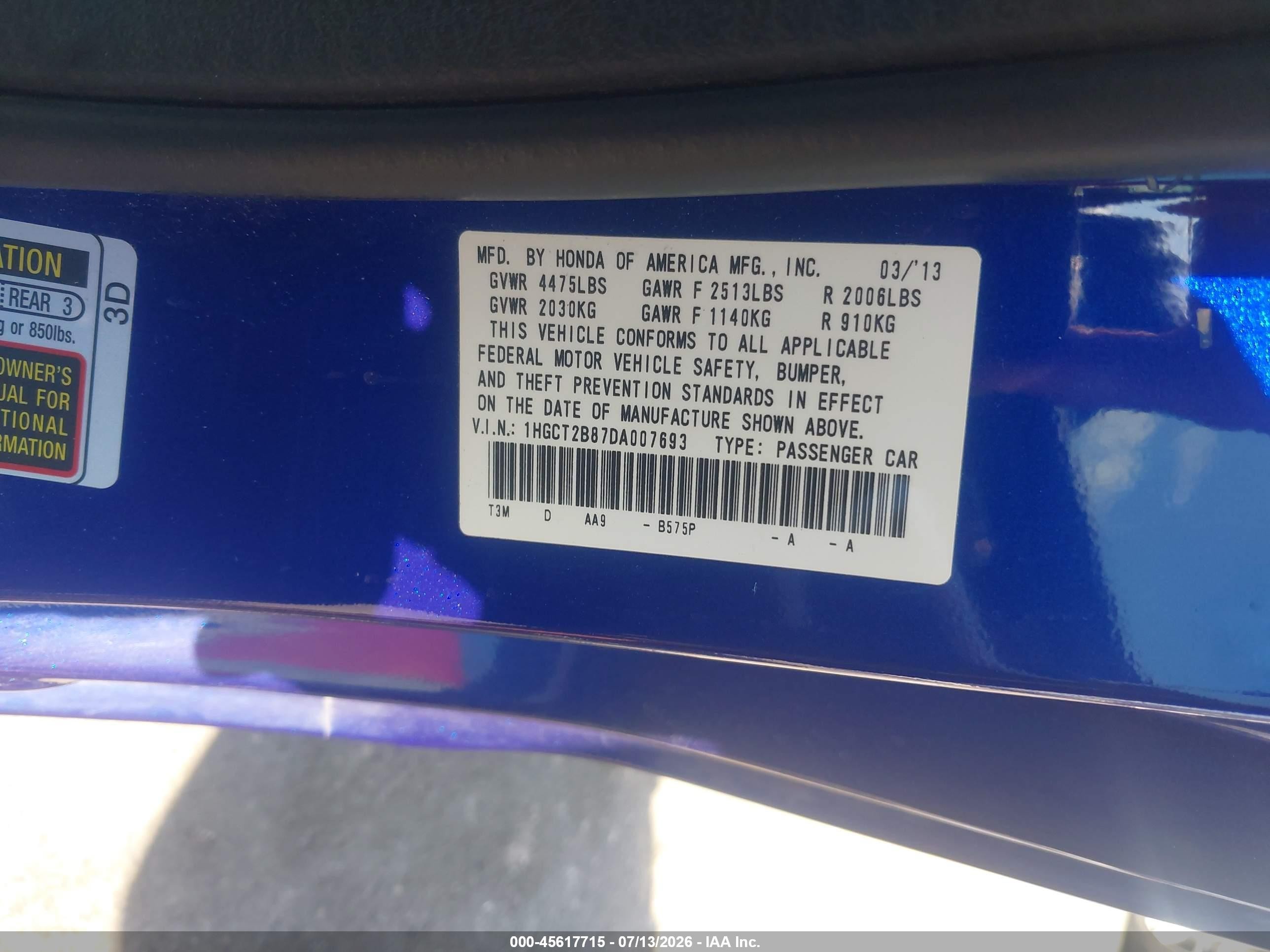 2013 Honda Accord Ex-l V-6 Blue vin: 1HGCT2B87DA007693