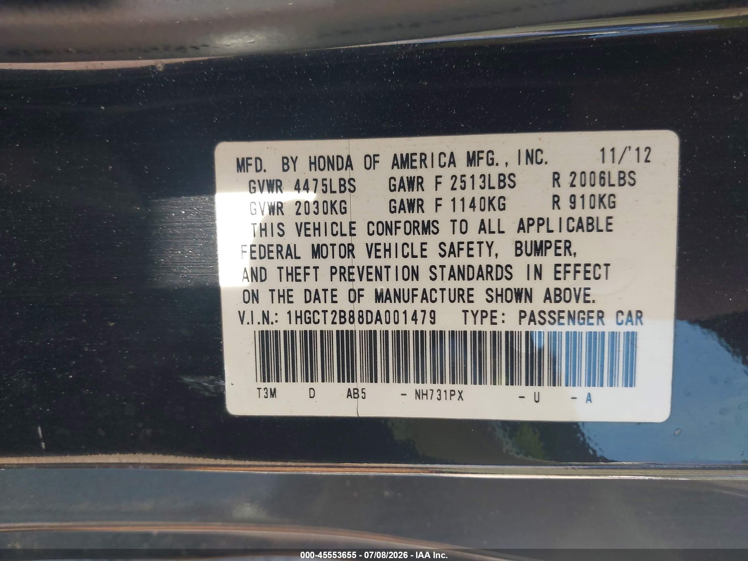 2013 Honda Accord Ex-l V-6 Black vin: 1HGCT2B88DA001479
