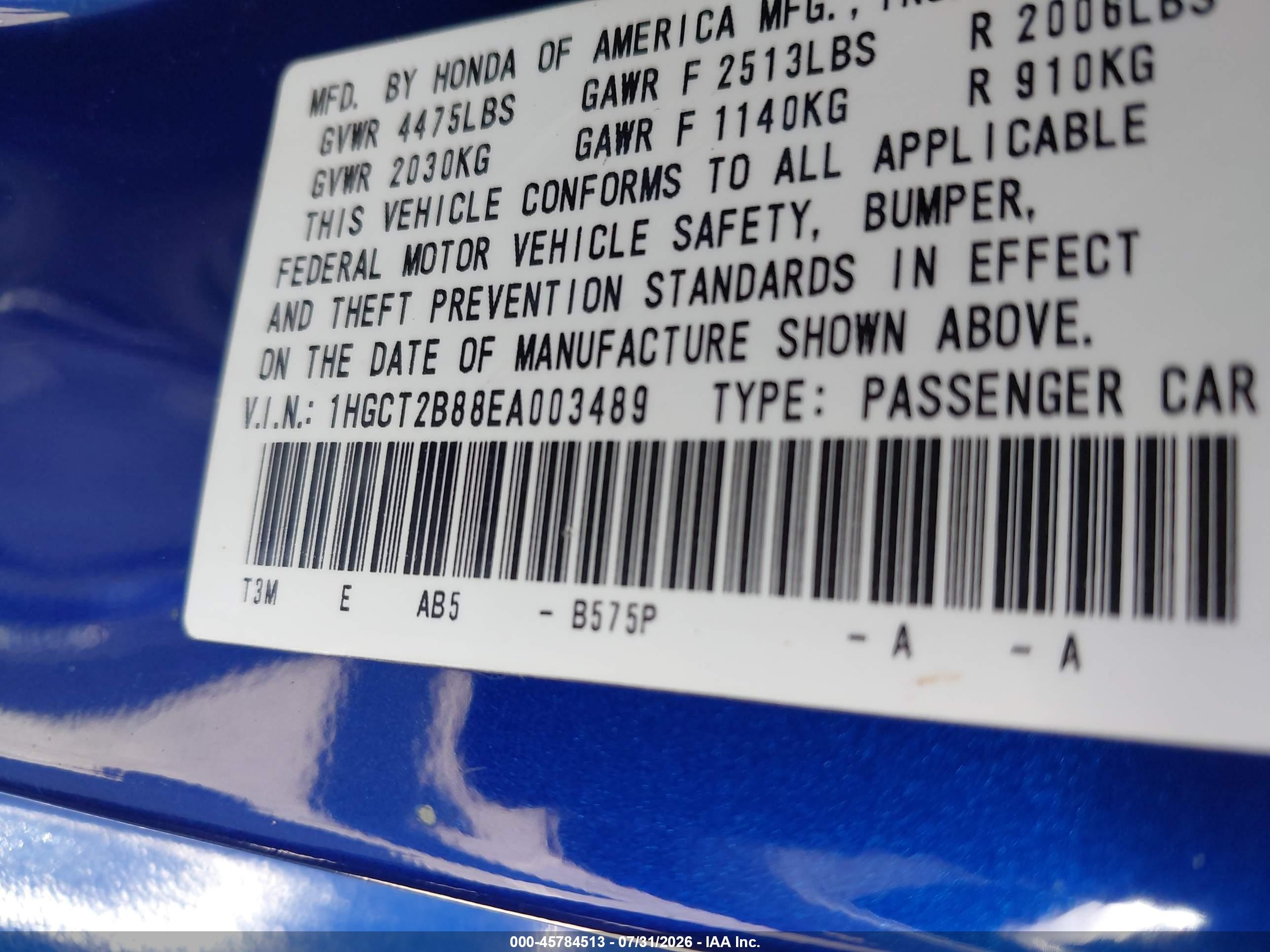 2014 Honda Accord Ex-l V-6 Blue vin: 1HGCT2B88EA003489