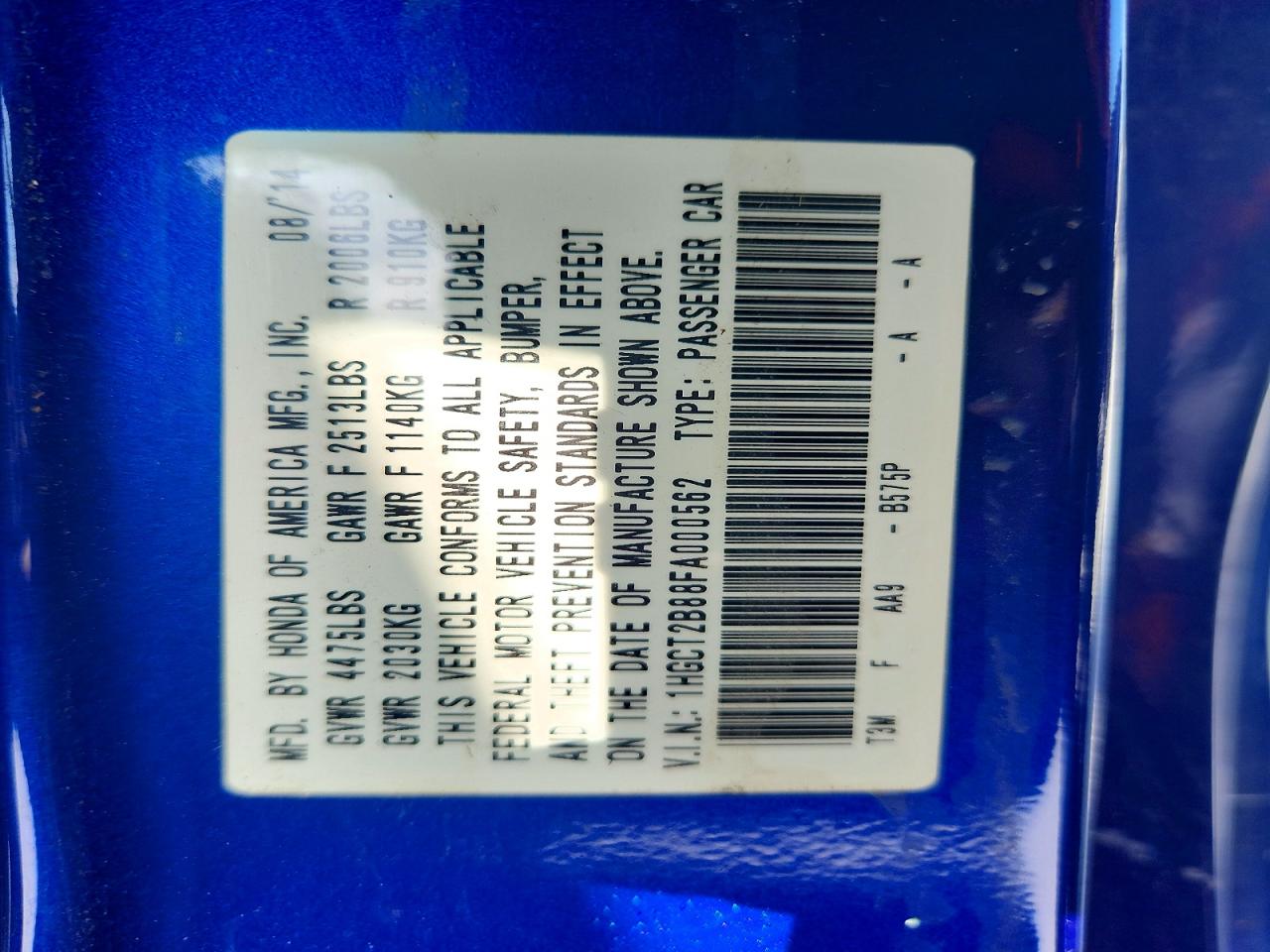 2015 Honda Accord Exl Blue vin: 1HGCT2B88FA000562