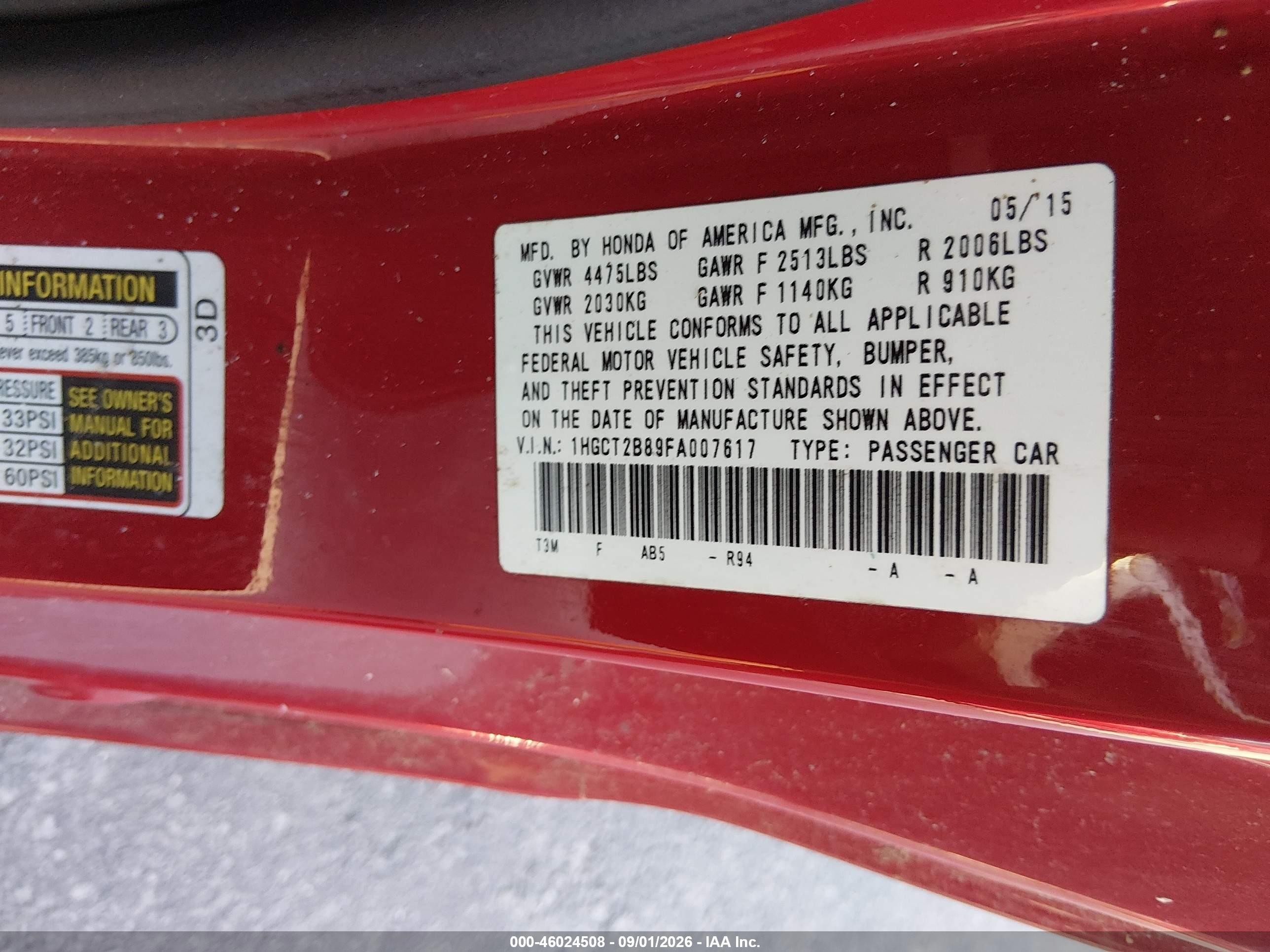 2015 Honda Accord Ex-l V-6 Red vin: 1HGCT2B89FA007617