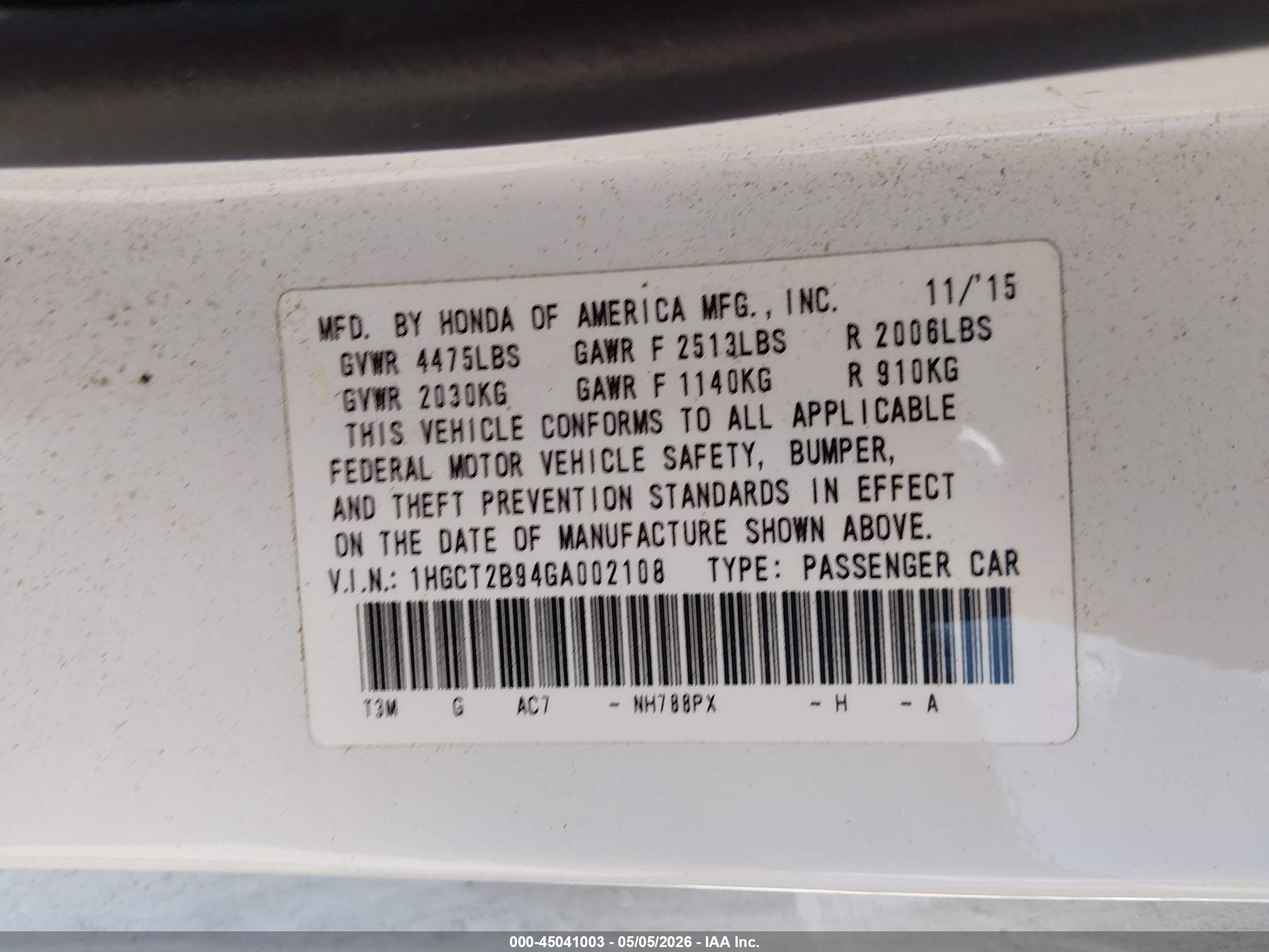 2016 Honda Accord Ex-l V-6 Белый vin: 1HGCT2B94GA002108