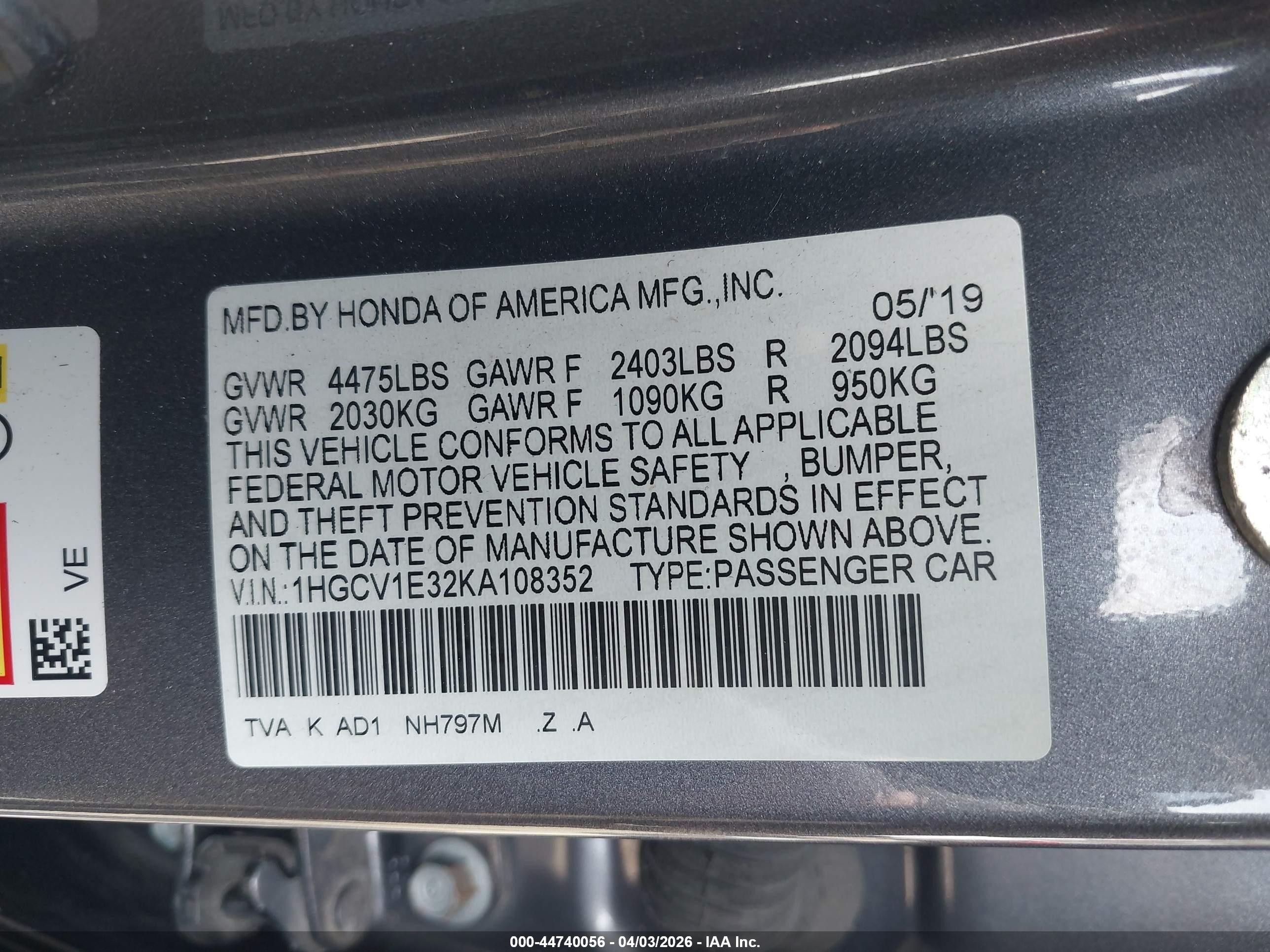 2019 Honda Accord Sport Gray vin: 1HGCV1E32KA108352