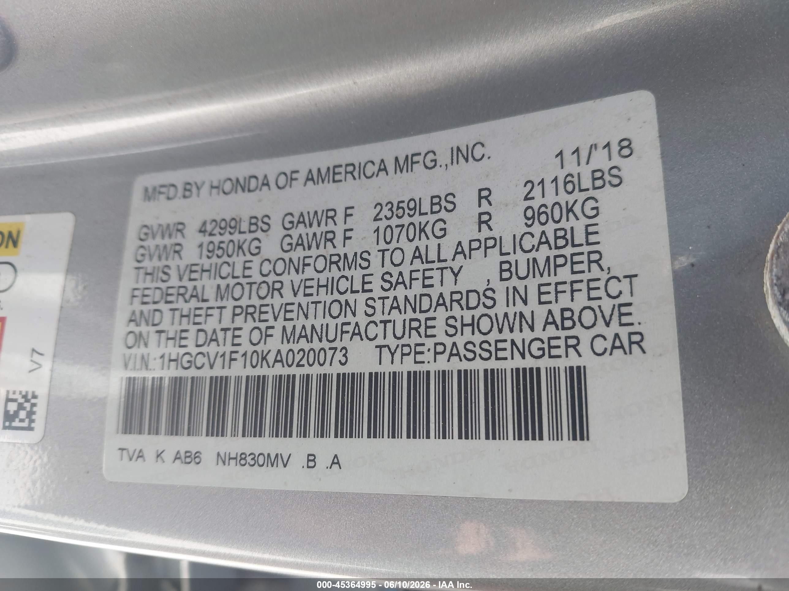 2019 Honda Accord Lx Silver vin: 1HGCV1F10KA020073