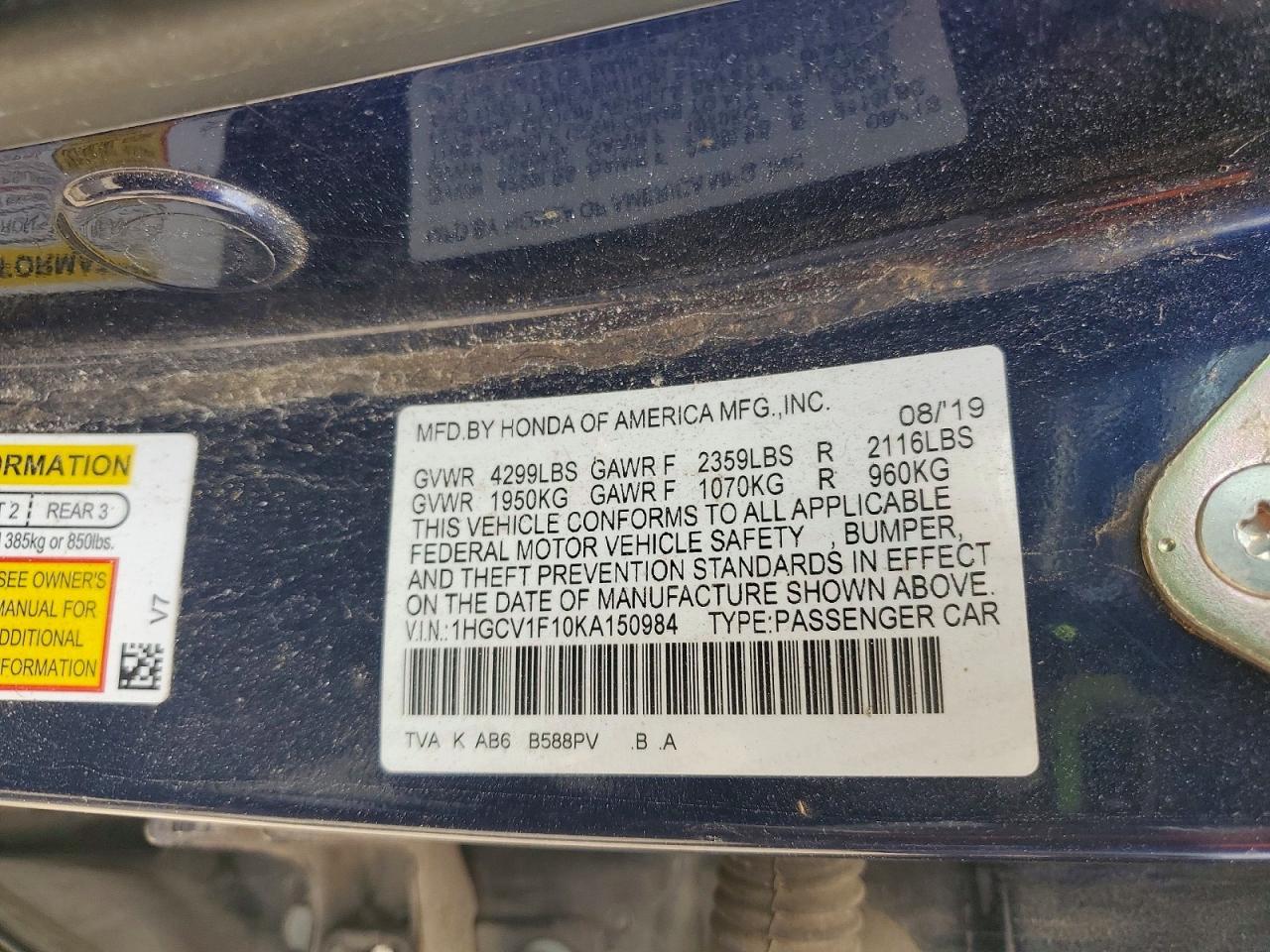 2019 Honda Accord Lx Blue vin: 1HGCV1F10KA150984