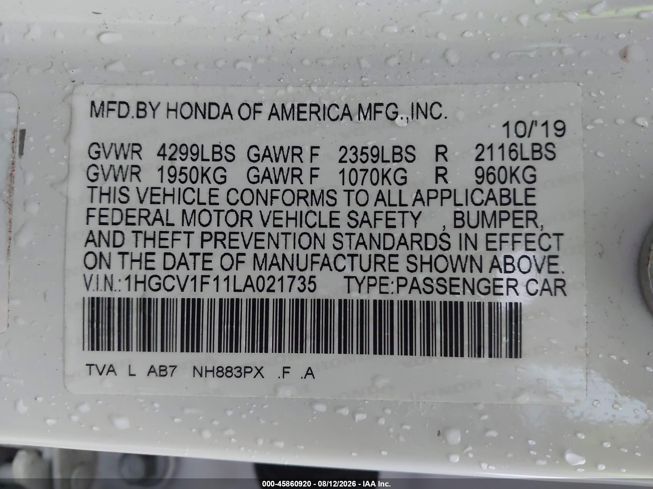 2020 Honda Accord Lx White vin: 1HGCV1F11LA021735