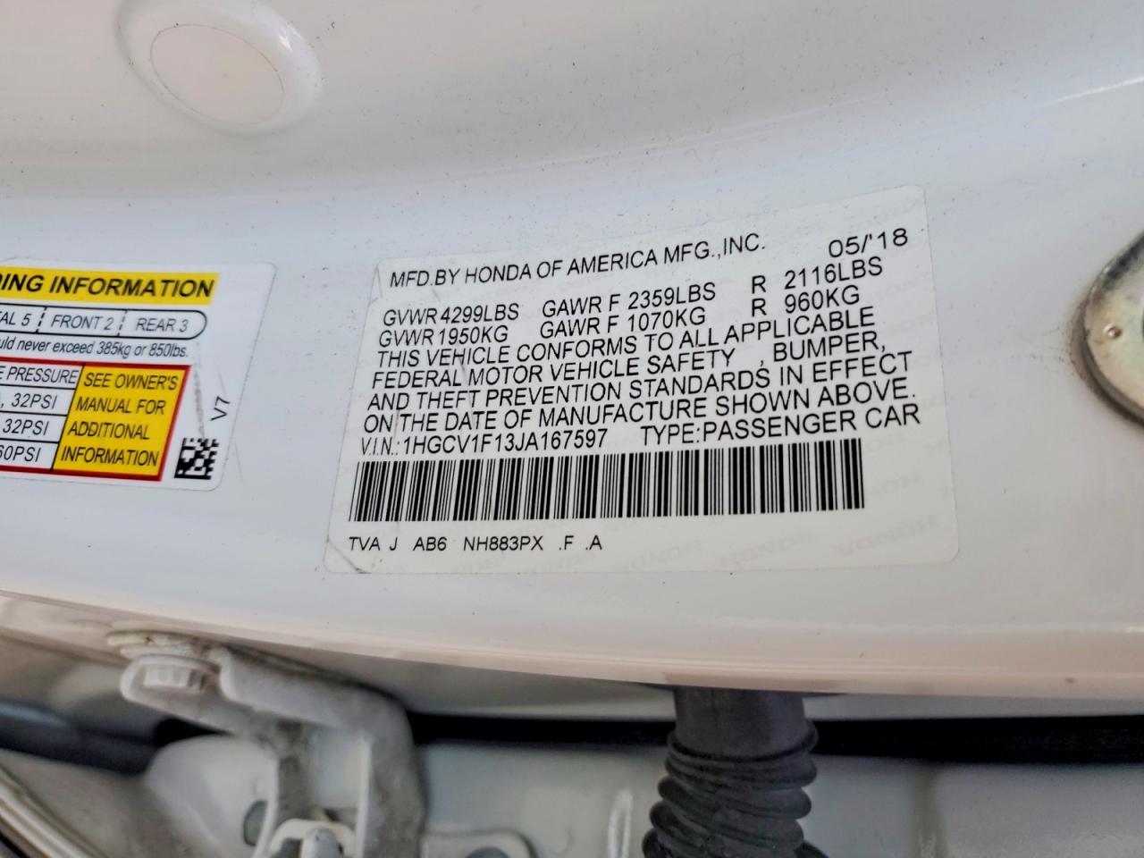 2018 Honda Accord Lx White vin: 1HGCV1F13JA167597