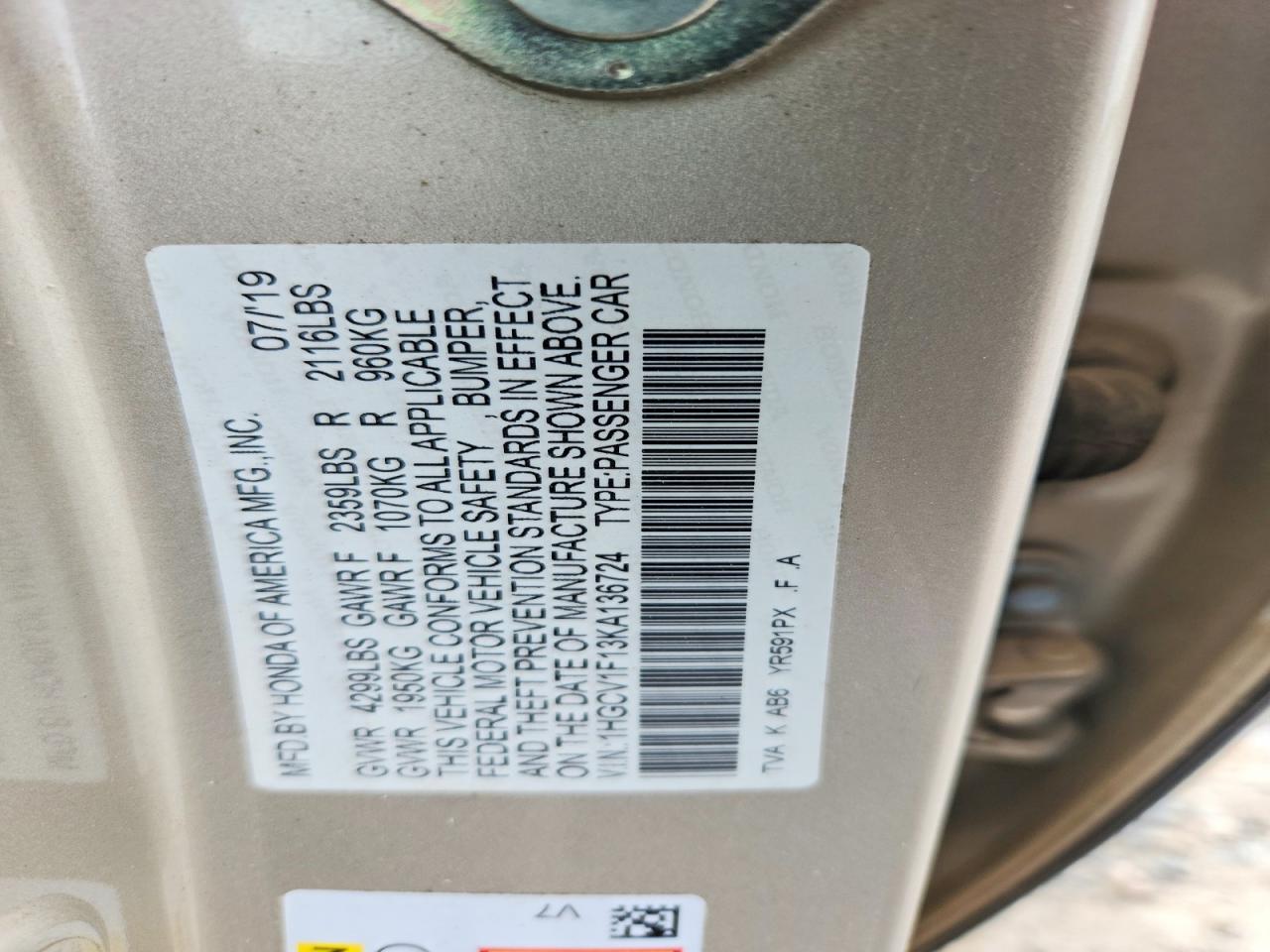2019 Honda Accord Lx Gold vin: 1HGCV1F13KA136724