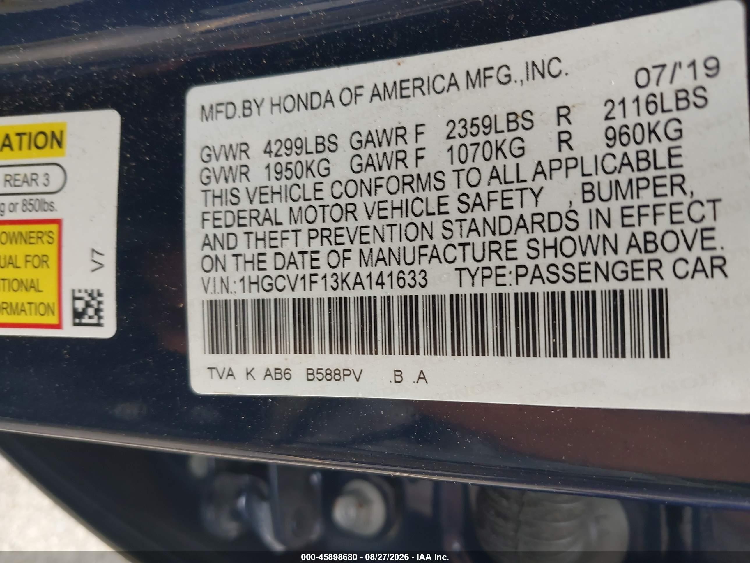 2019 Honda Accord Lx Blue vin: 1HGCV1F13KA141633