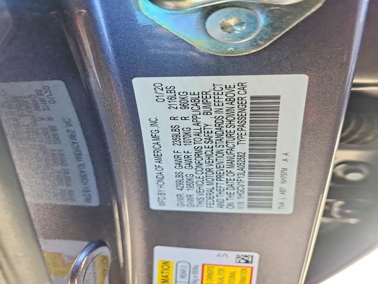 2020 Honda Accord Lx Gray vin: 1HGCV1F13LA052582