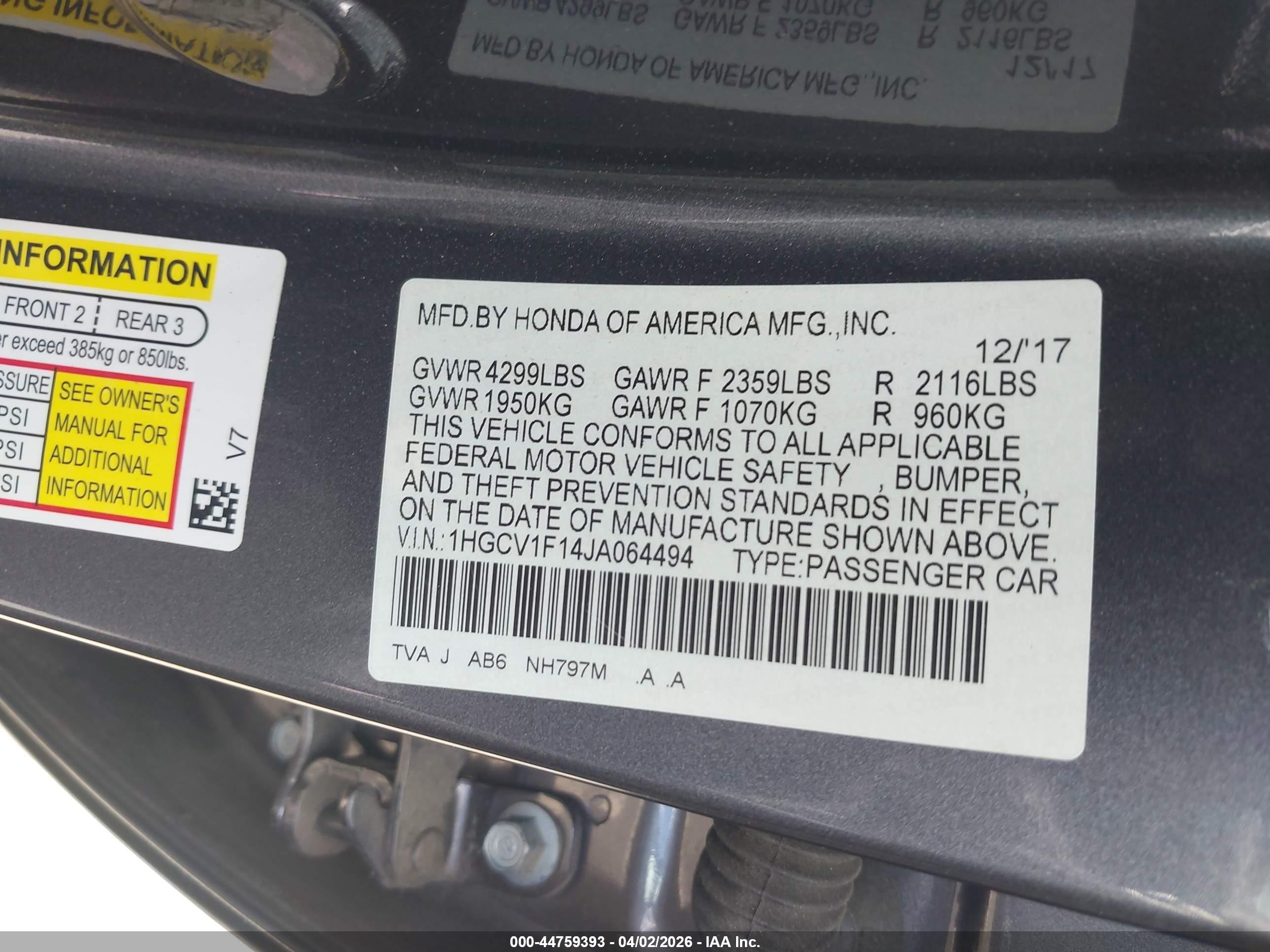 2018 Honda Accord Lx Gray vin: 1HGCV1F14JA064494