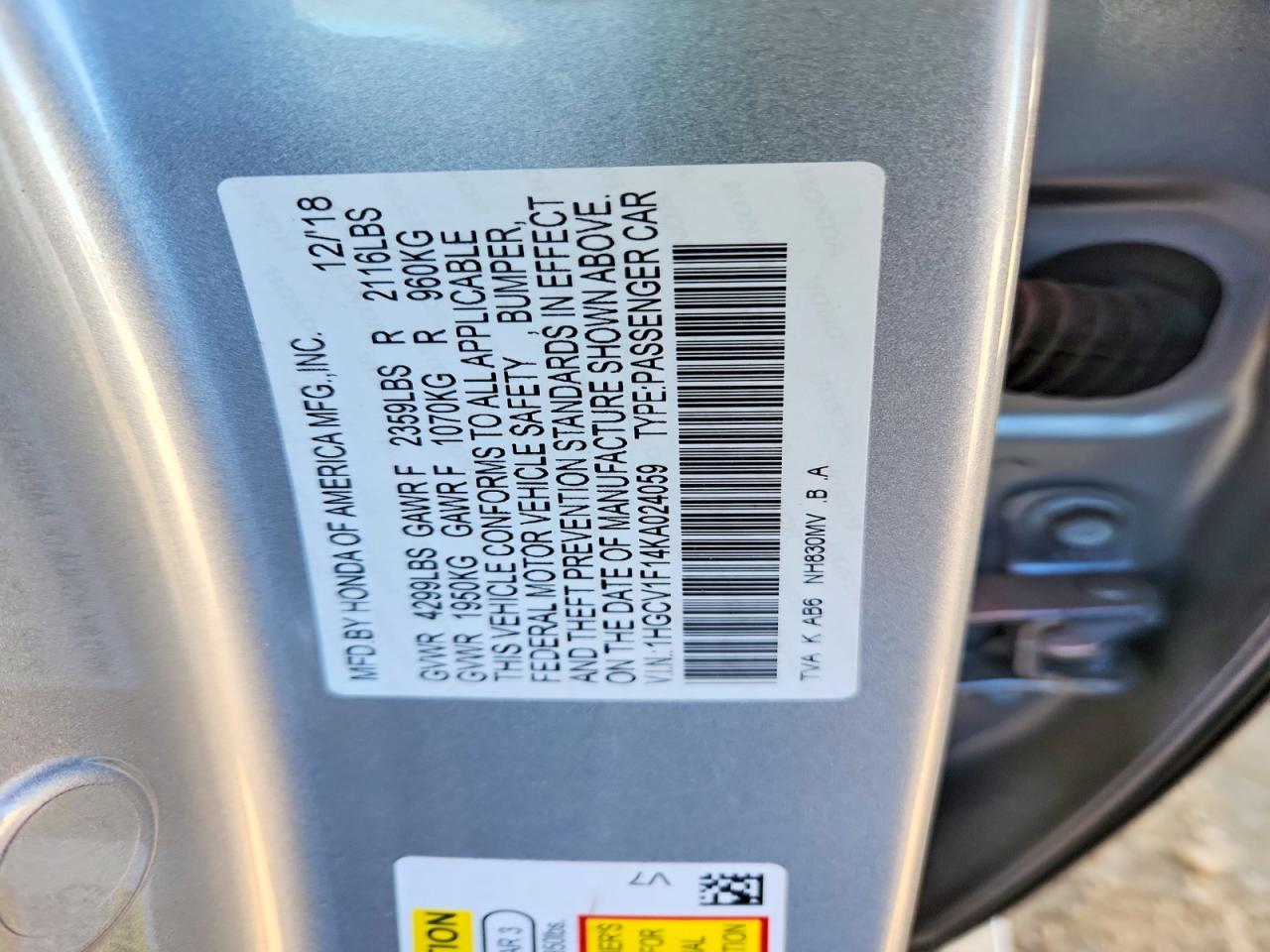 2019 Honda Accord Lx Silver vin: 1HGCV1F14KA024059