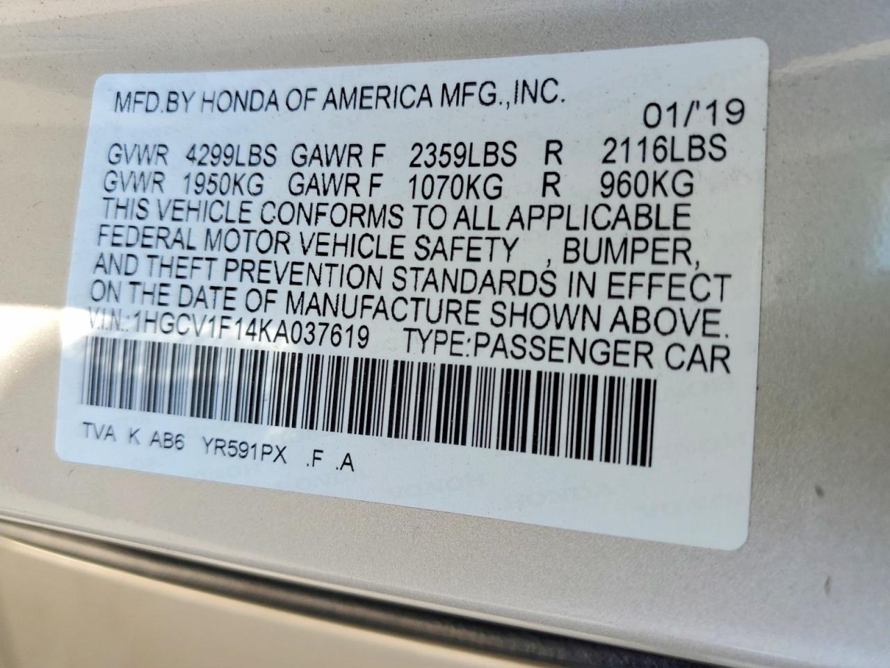 2019 Honda Accord Lx Beige vin: 1HGCV1F14KA037619