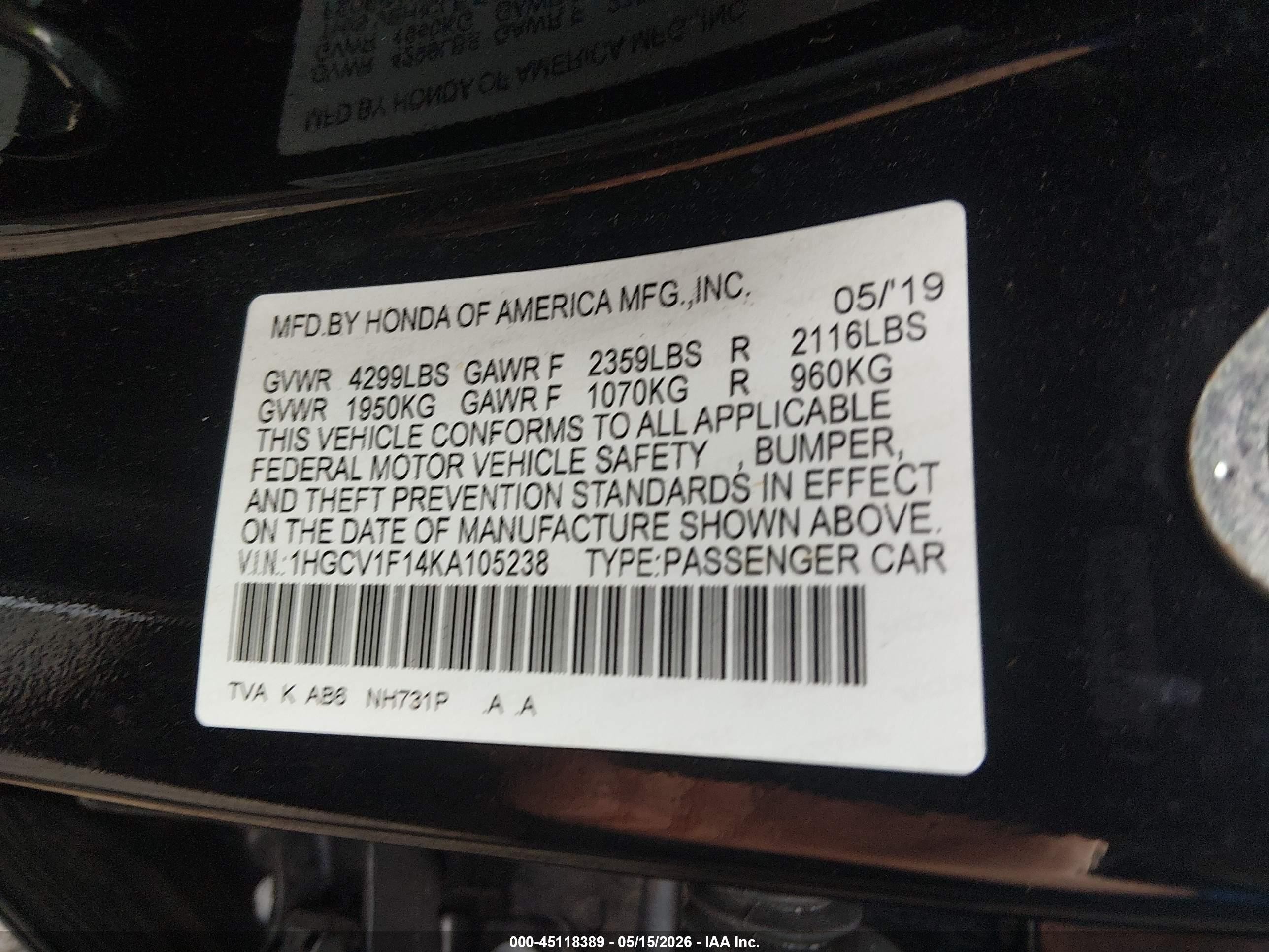 2019 Honda Accord Lx Черный vin: 1HGCV1F14KA105238