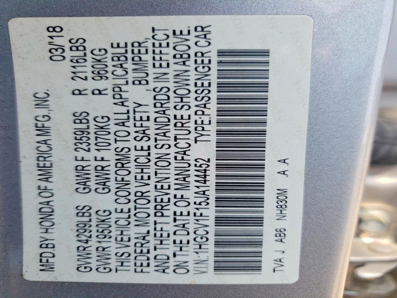 2018 Honda Accord Lx Silver vin: 1HGCV1F15JA144452