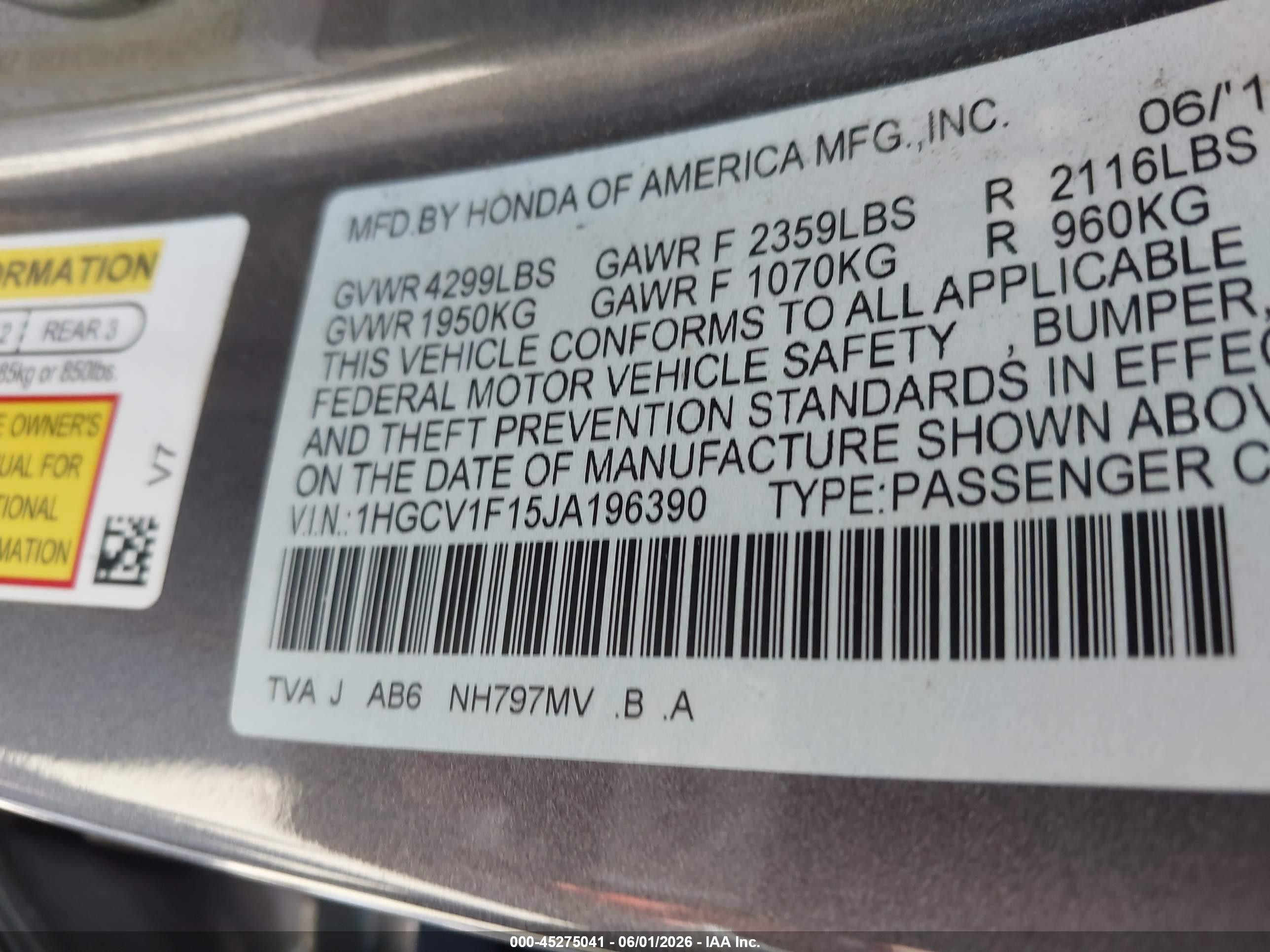 2018 Honda Accord Lx Gray vin: 1HGCV1F15JA196390