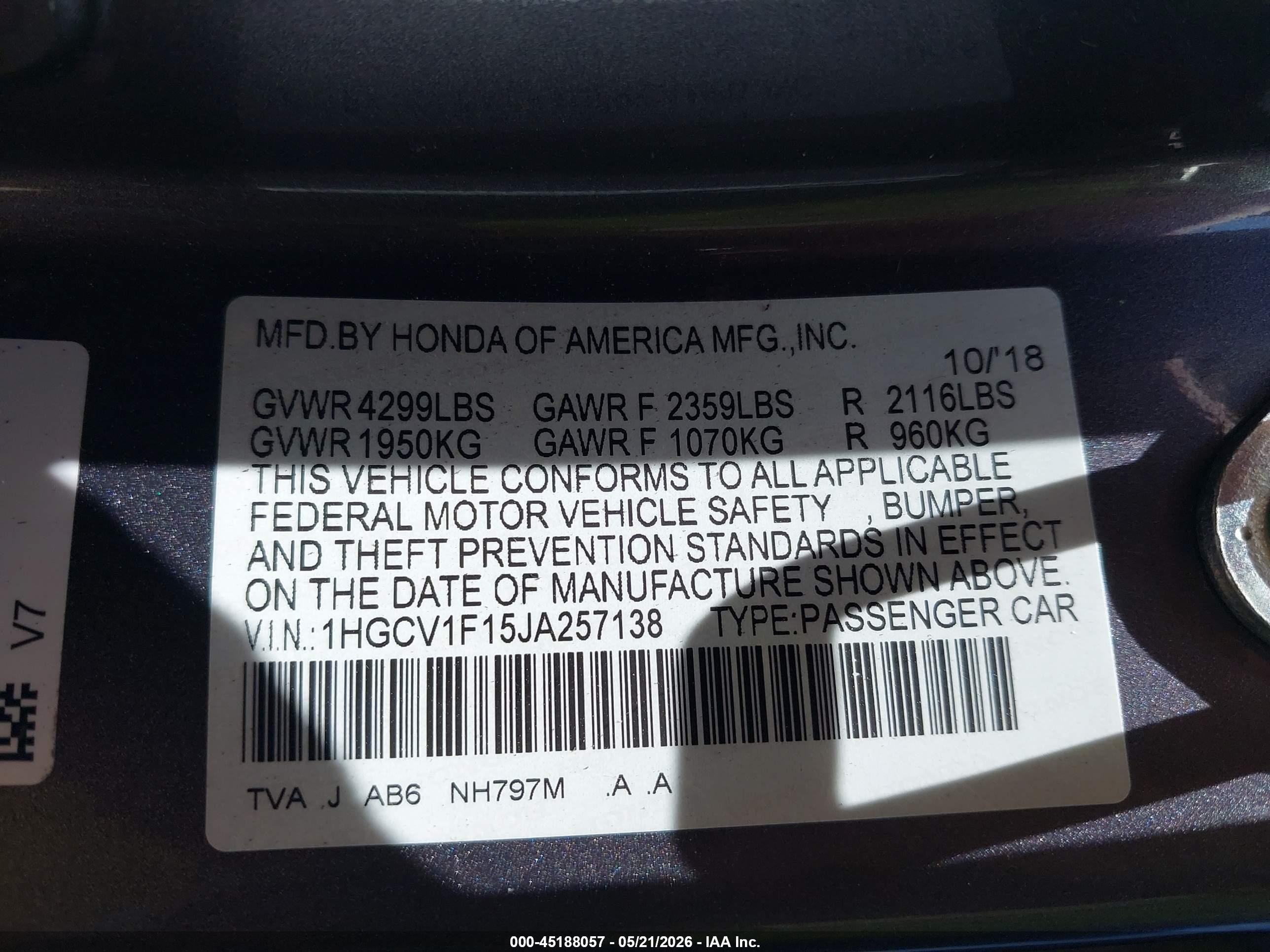2018 Honda Accord Lx Gray vin: 1HGCV1F15JA257138
