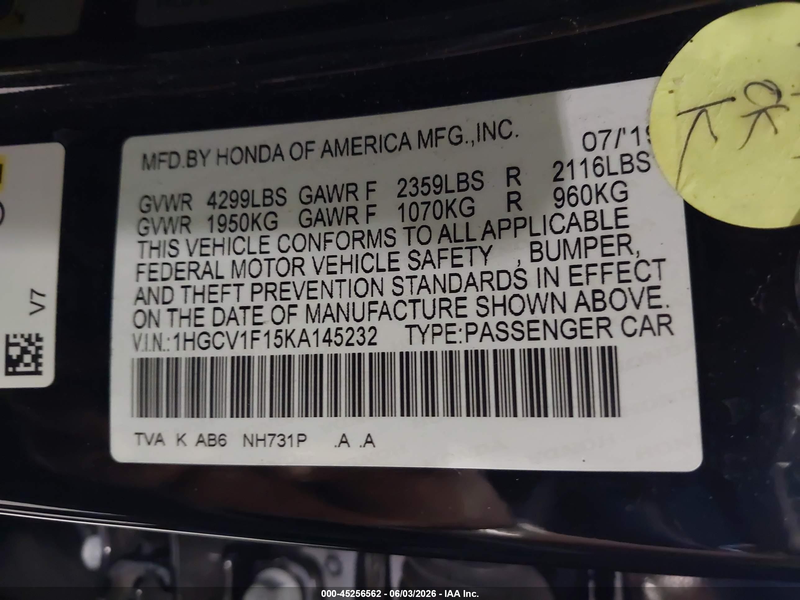 2019 Honda Accord Lx Black vin: 1HGCV1F15KA145232