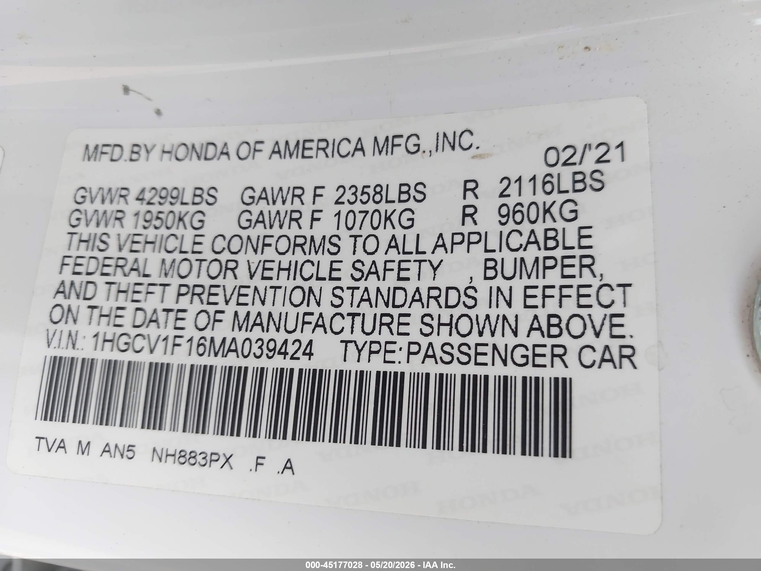 2021 Honda Accord Lx White vin: 1HGCV1F16MA039424