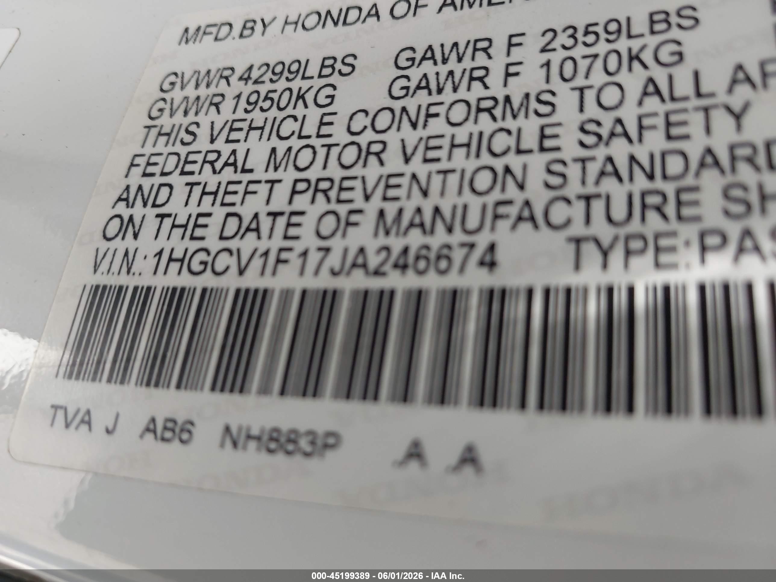 2018 Honda Accord Lx White vin: 1HGCV1F17JA246674