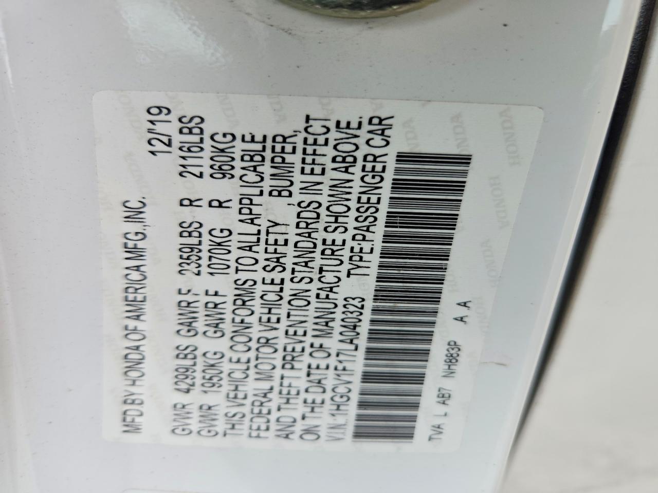 2020 Honda Accord Lx White vin: 1HGCV1F17LA040323