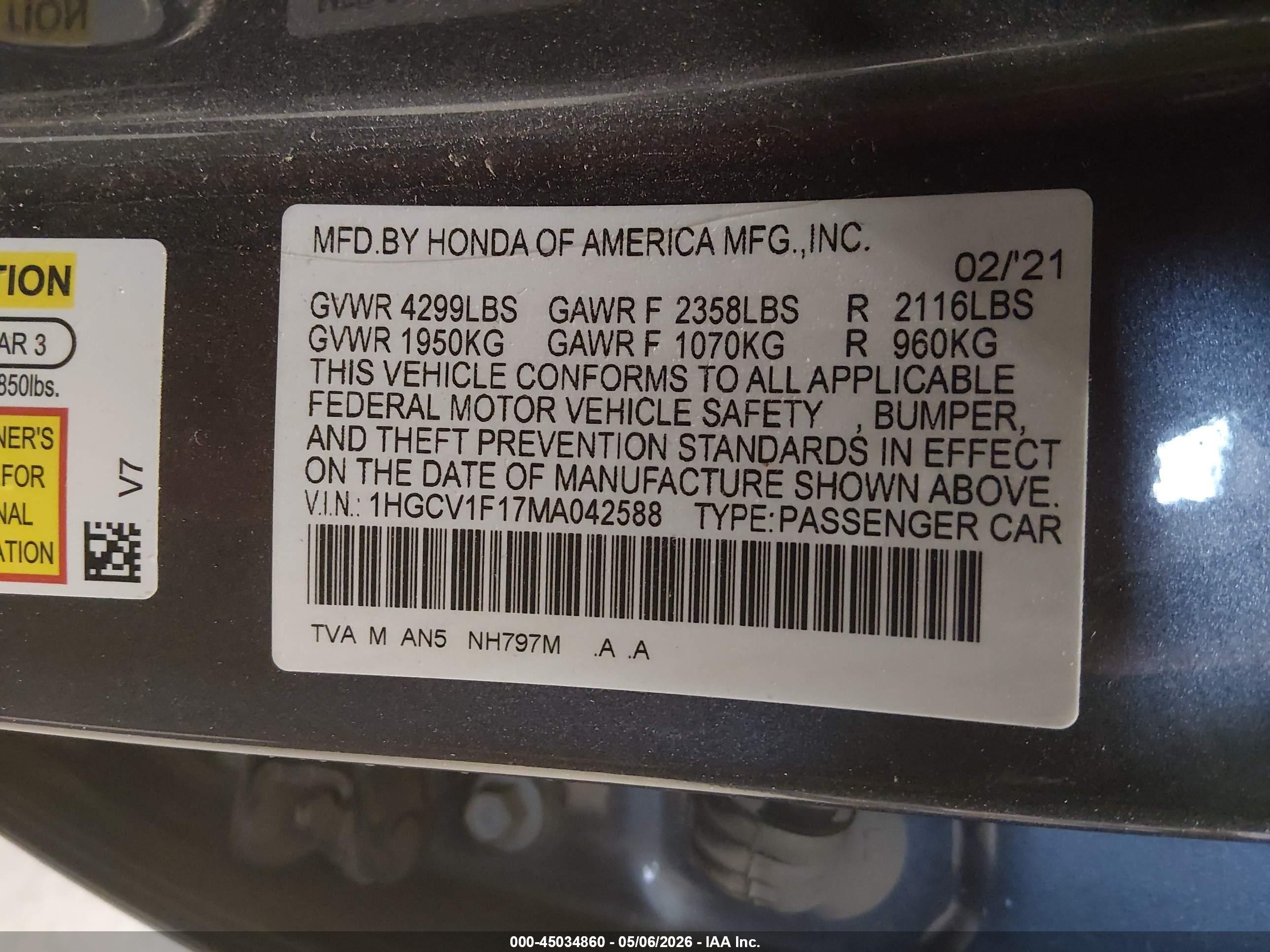 2021 Honda Accord Lx Серый vin: 1HGCV1F17MA042588
