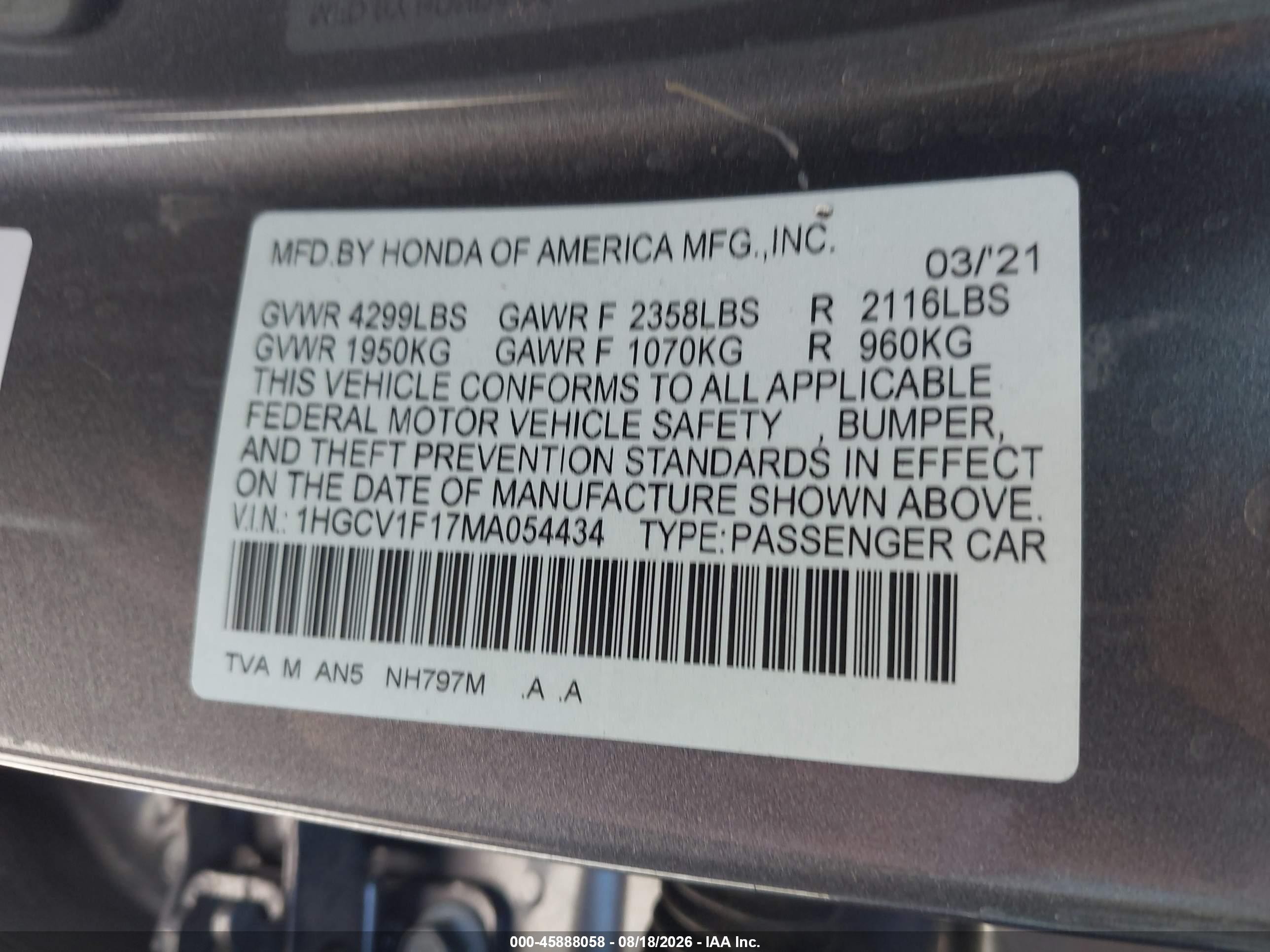 2021 Honda Accord Lx Gray vin: 1HGCV1F17MA054434