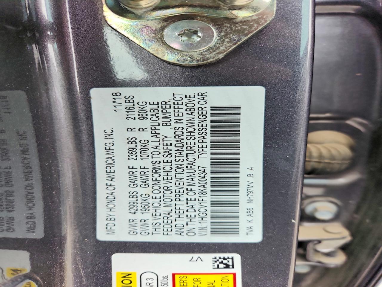 2019 Honda Accord Lx Gray vin: 1HGCV1F18KA004347