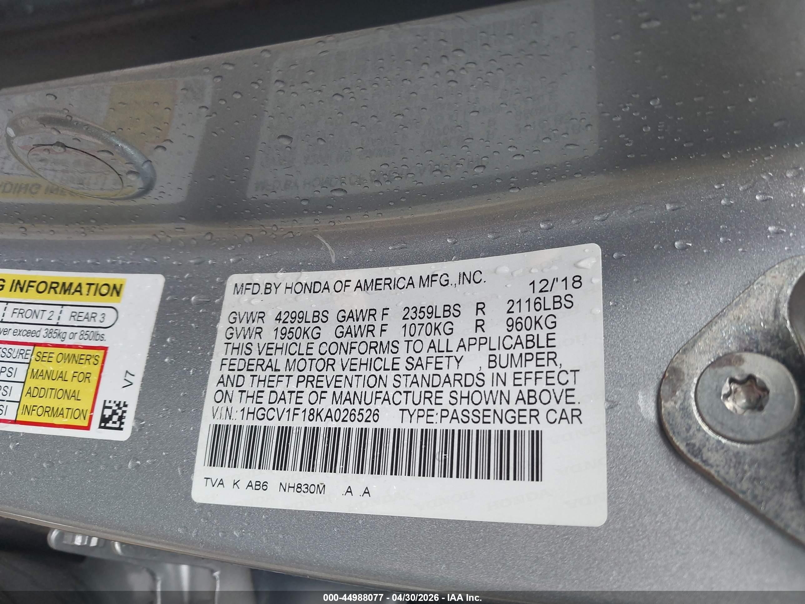 2019 Honda Accord Lx Silver vin: 1HGCV1F18KA026526