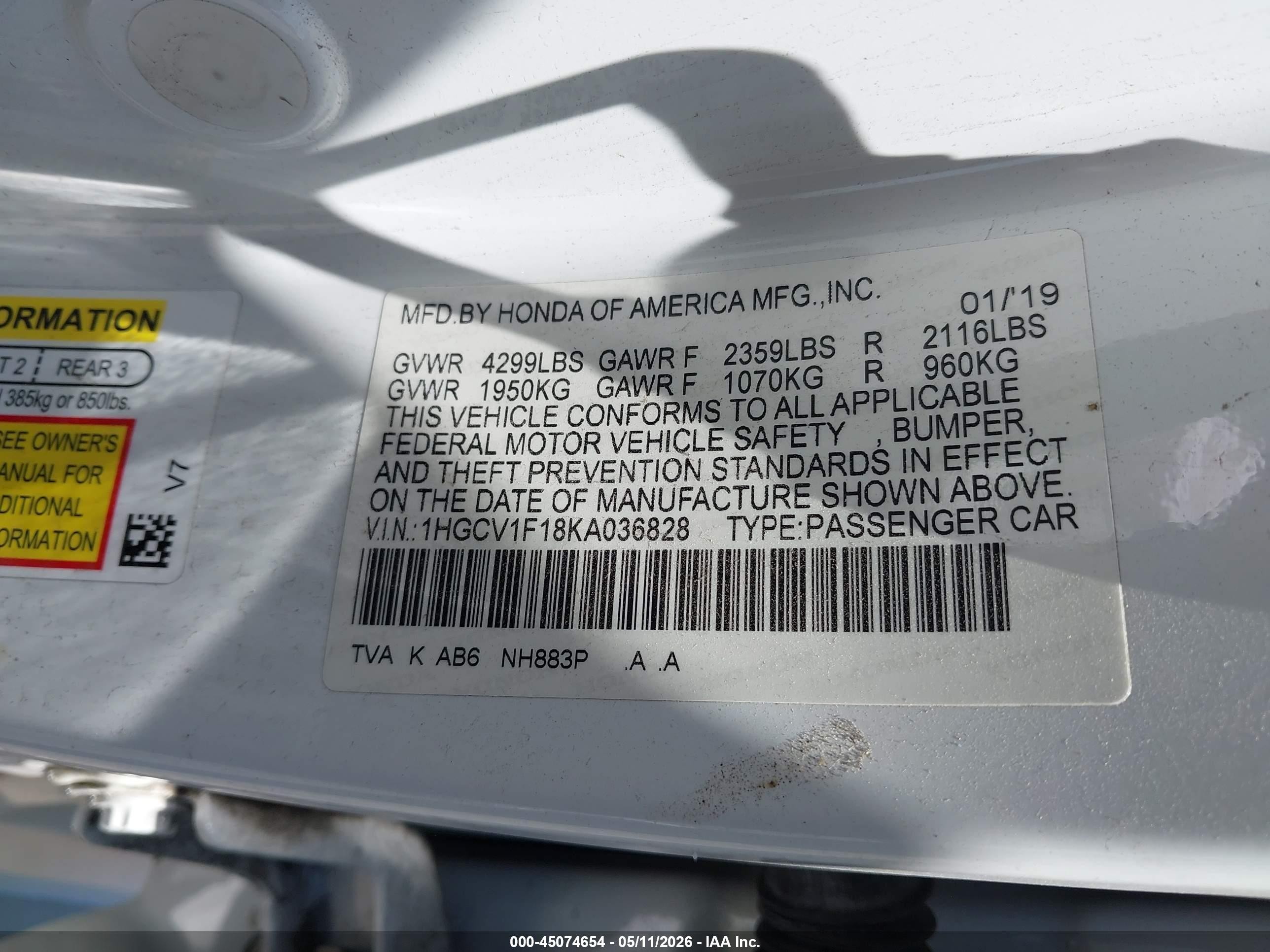 2019 Honda Accord Lx White vin: 1HGCV1F18KA036828