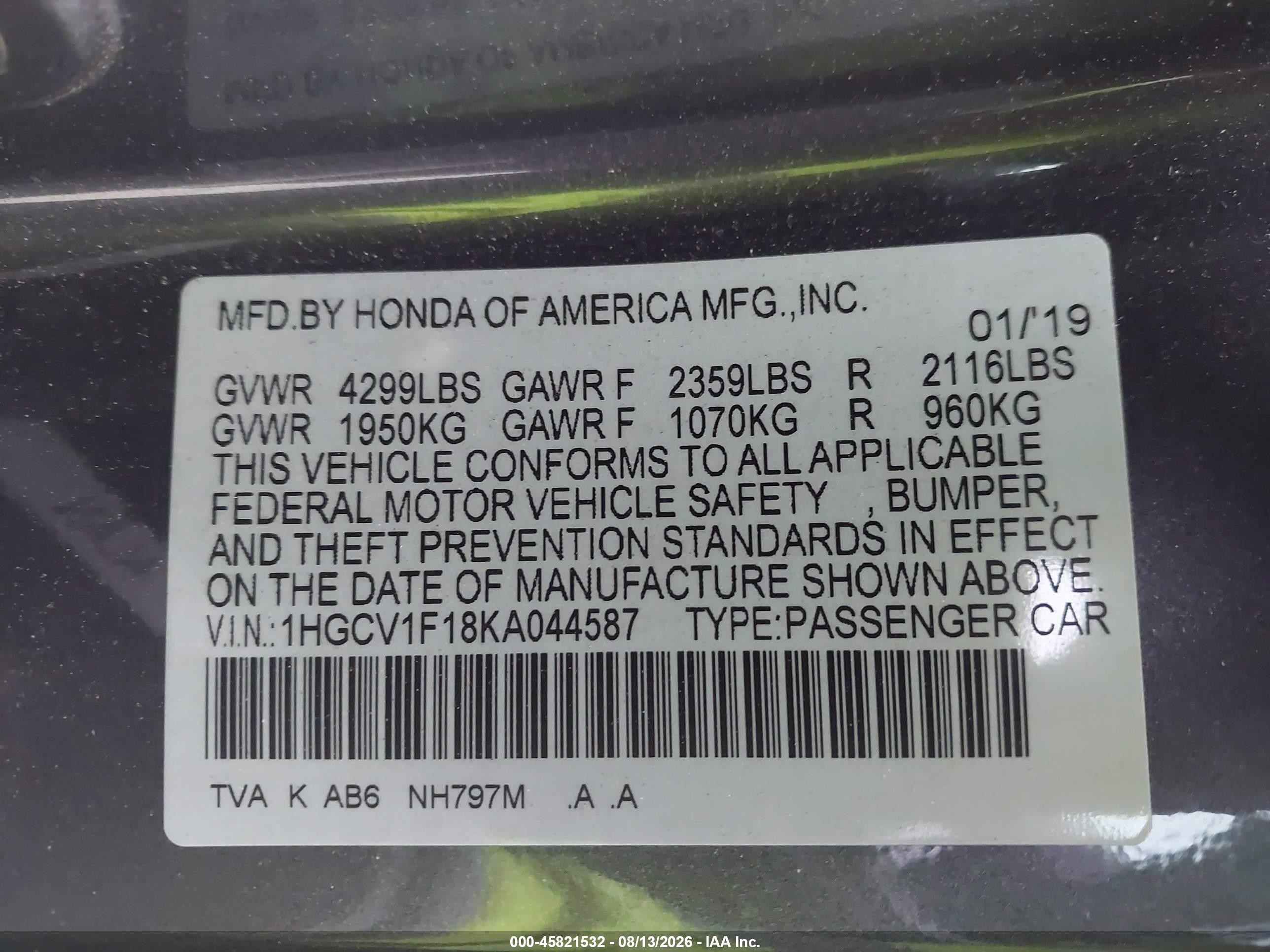 2019 Honda Accord Lx Gray vin: 1HGCV1F18KA044587