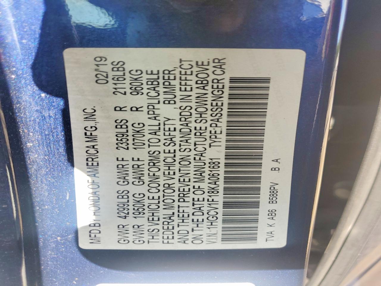 2019 Honda Accord Lx Blue vin: 1HGCV1F18KA061681
