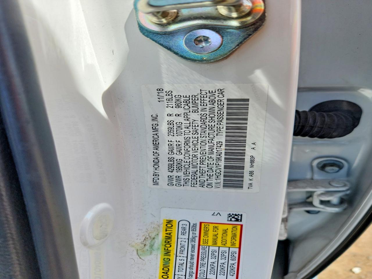 2019 Honda Accord Lx White vin: 1HGCV1F19KA017429