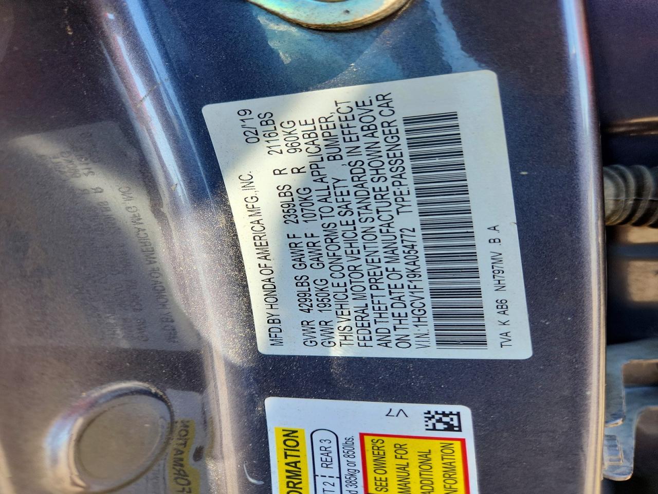 2019 Honda Accord Lx Gray vin: 1HGCV1F19KA054772