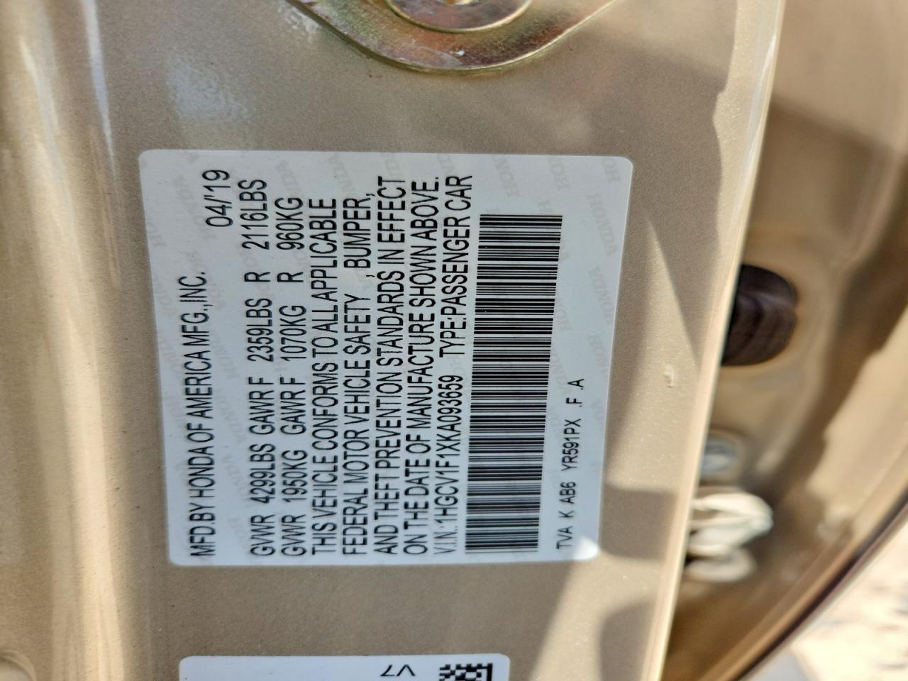 2019 Honda Accord Lx Beige vin: 1HGCV1F1XKA093659